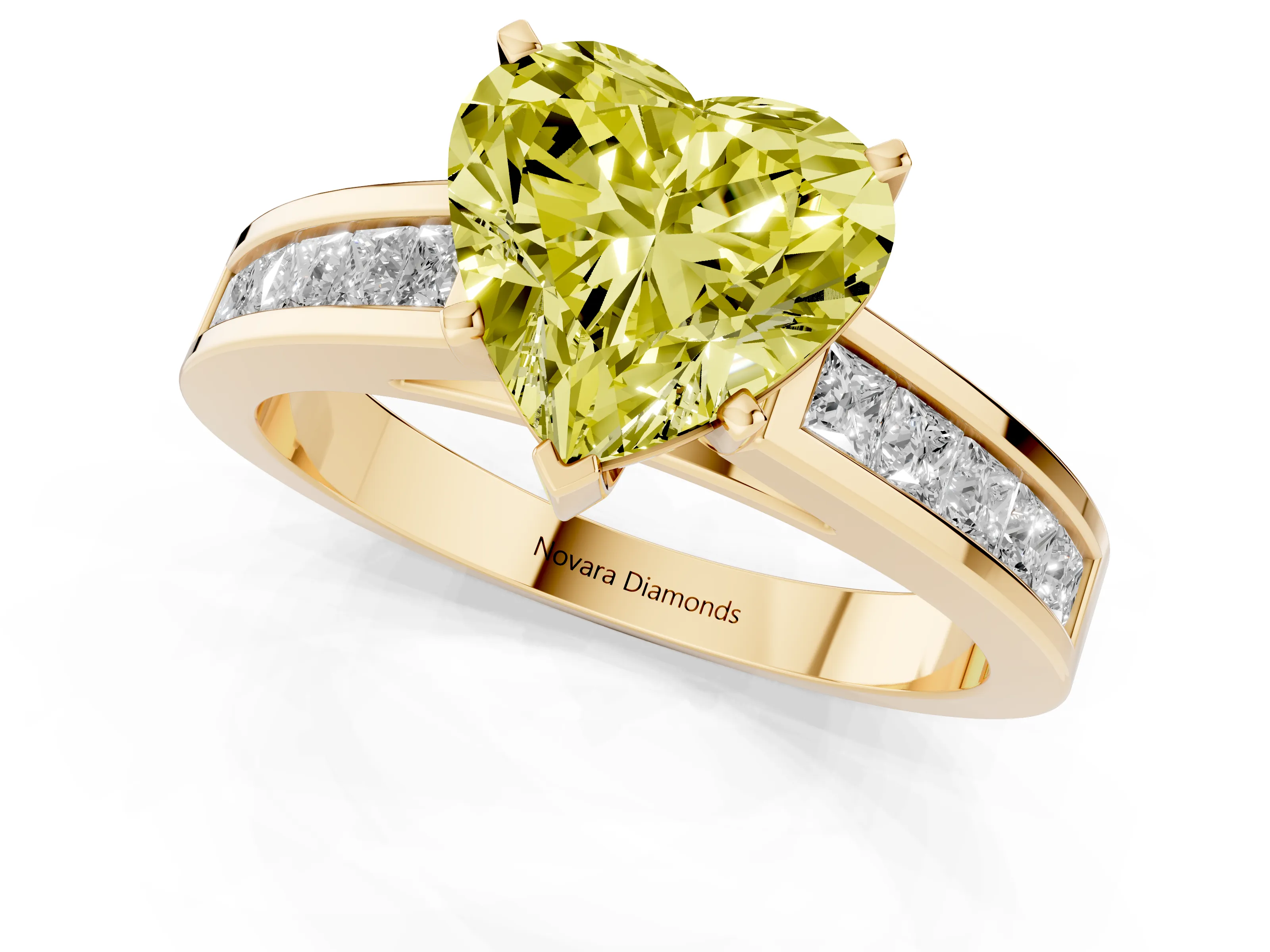 Fancy Yellow Heart Cut Diamond Solitaire Ring Set in Yellow gold with Channel-Set Band and Prong Setting