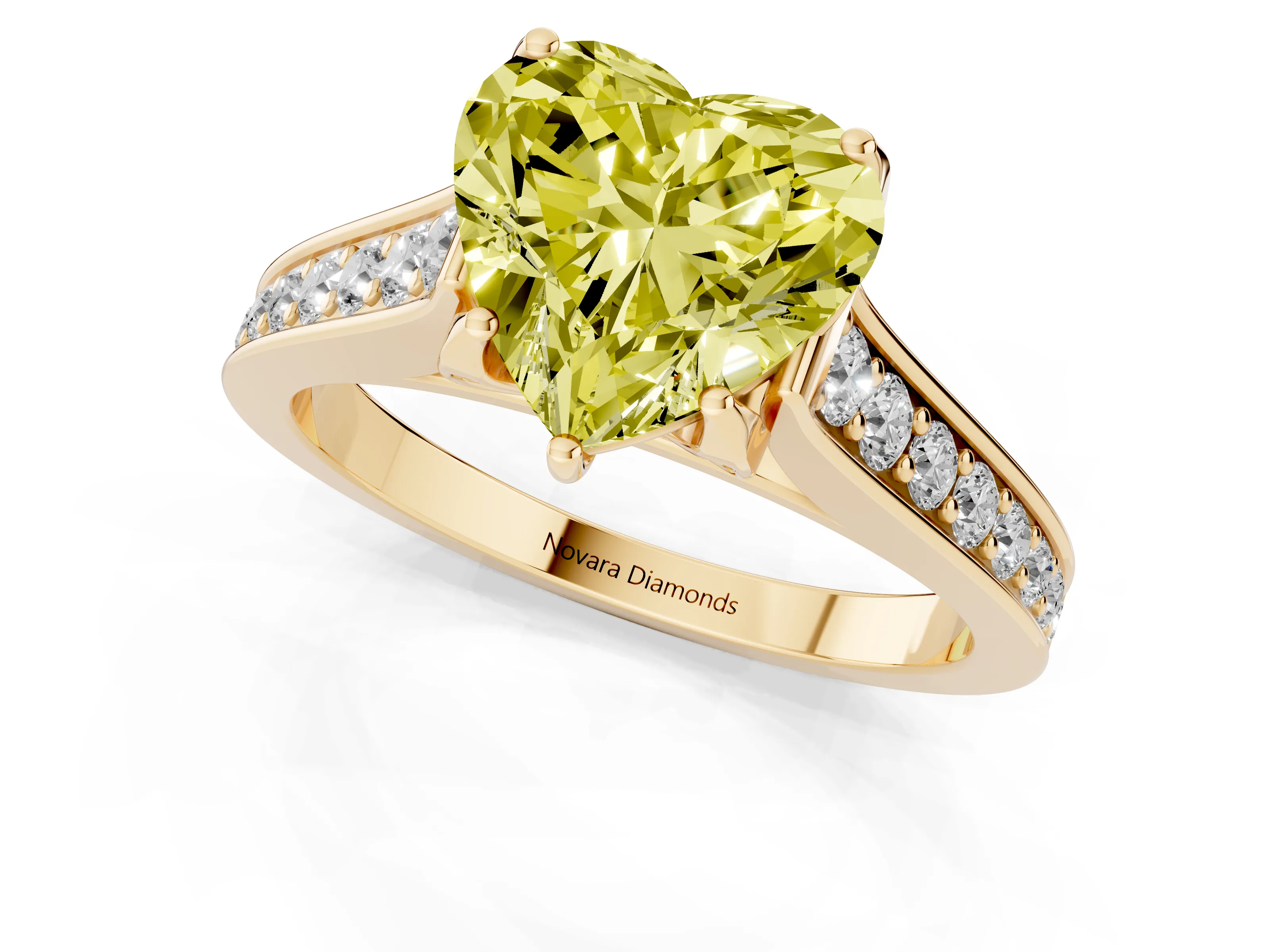 Fancy Yellow Heart Cut Diamond Solitaire Pavé Engagement Ring Set in Yellow gold with Prong Setting
