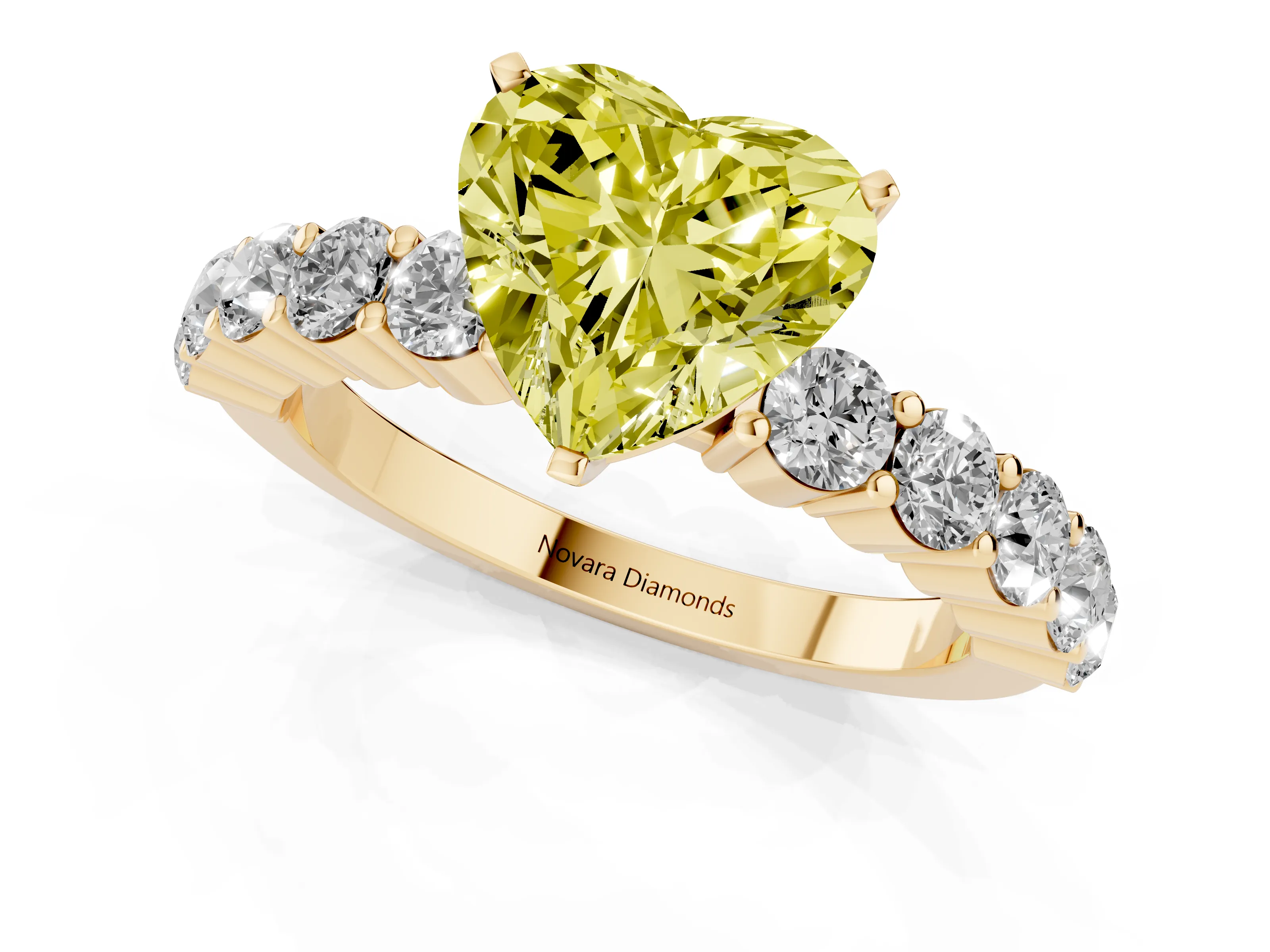 Fancy Yellow Heart Cut Diamond Solitaire Ring Set in Yellow gold with Shared Prong Round Side Stones