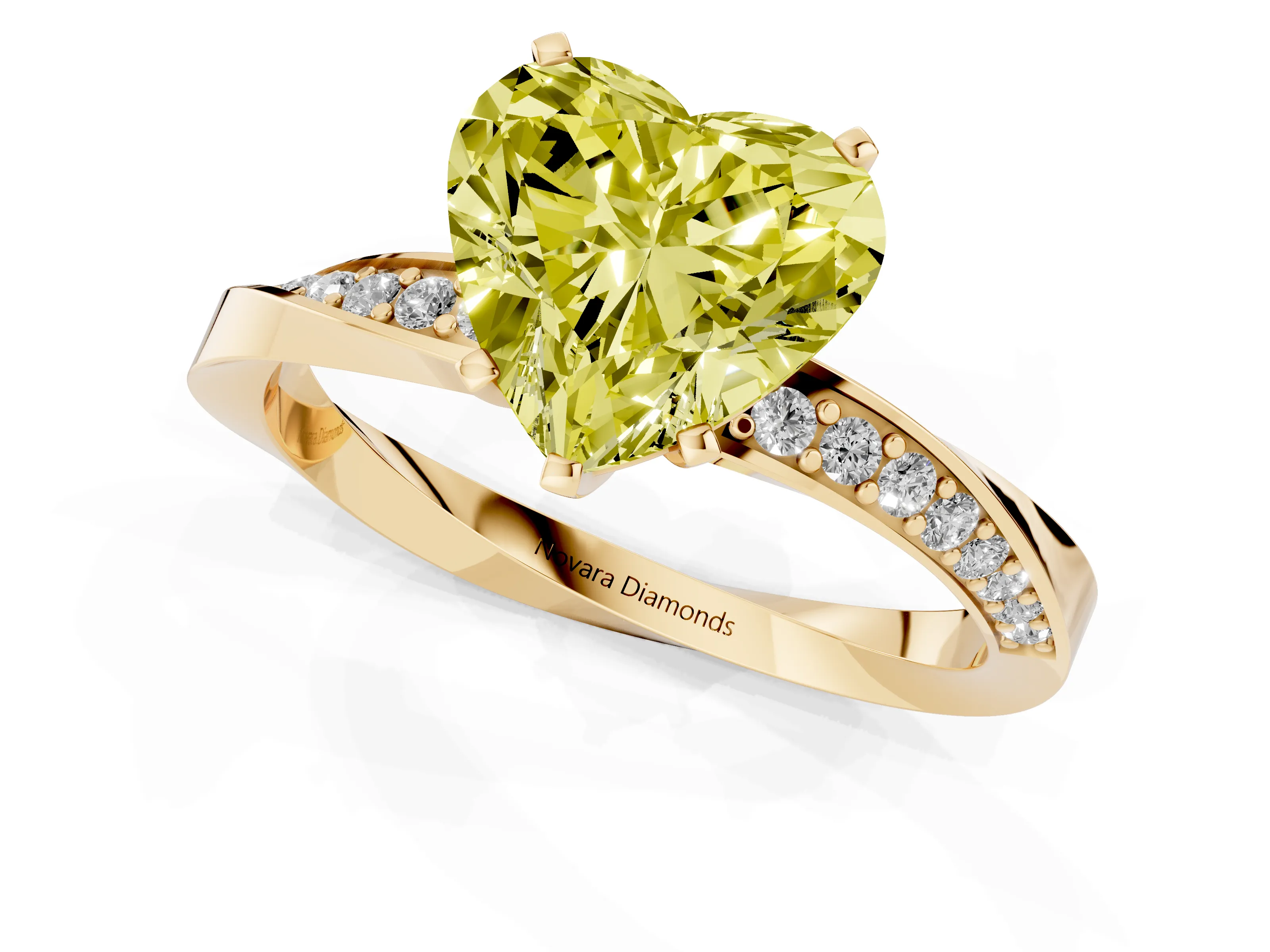 Fancy Yellow Heart Cut Diamond Engagement Ring Set in Yellow gold with Side Stone Accents and Prong Setting