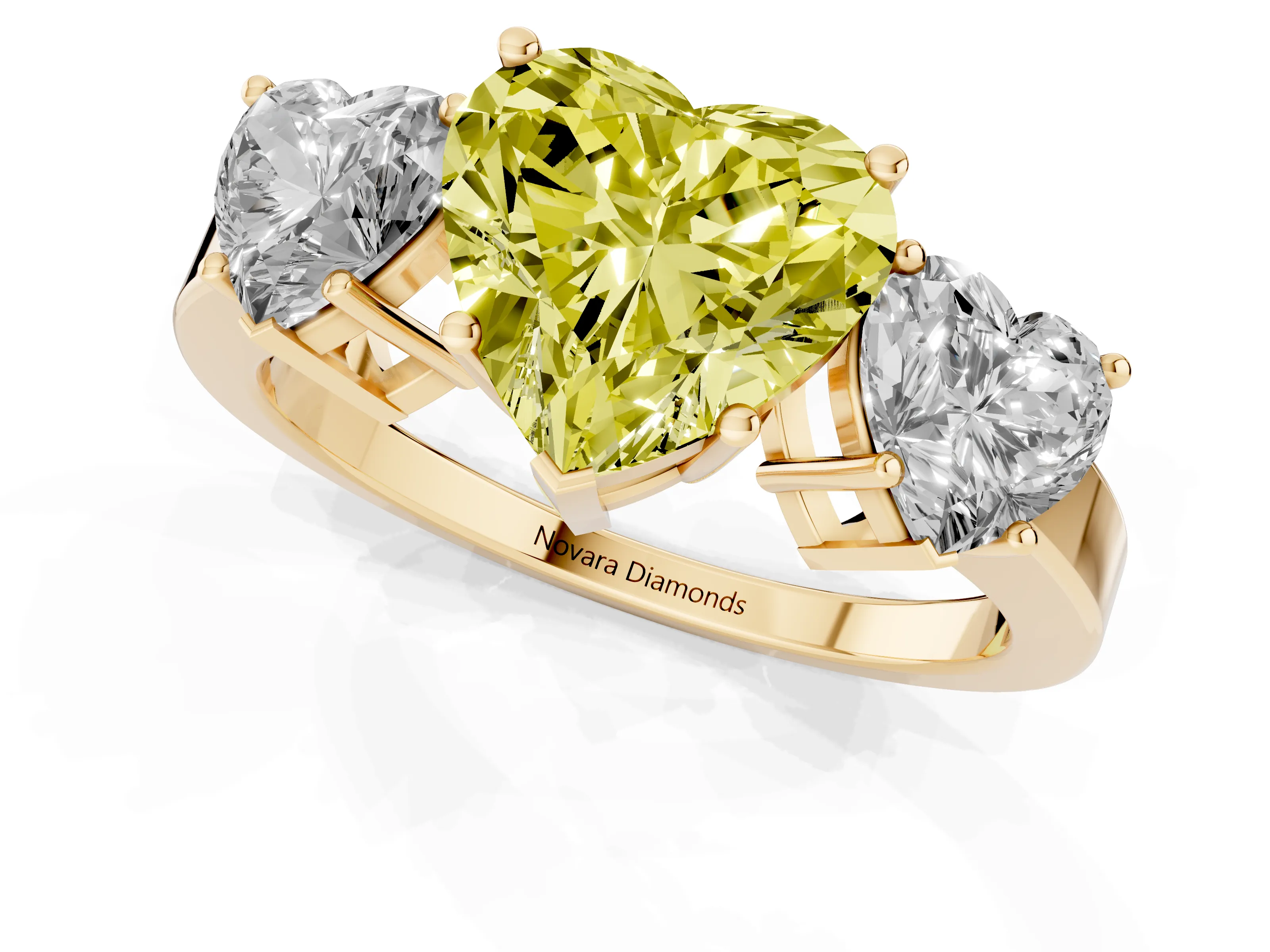 Fancy Yellow Heart Cut Diamond Three-Stone Engagement Ring Set in Yellow gold with Flat Band