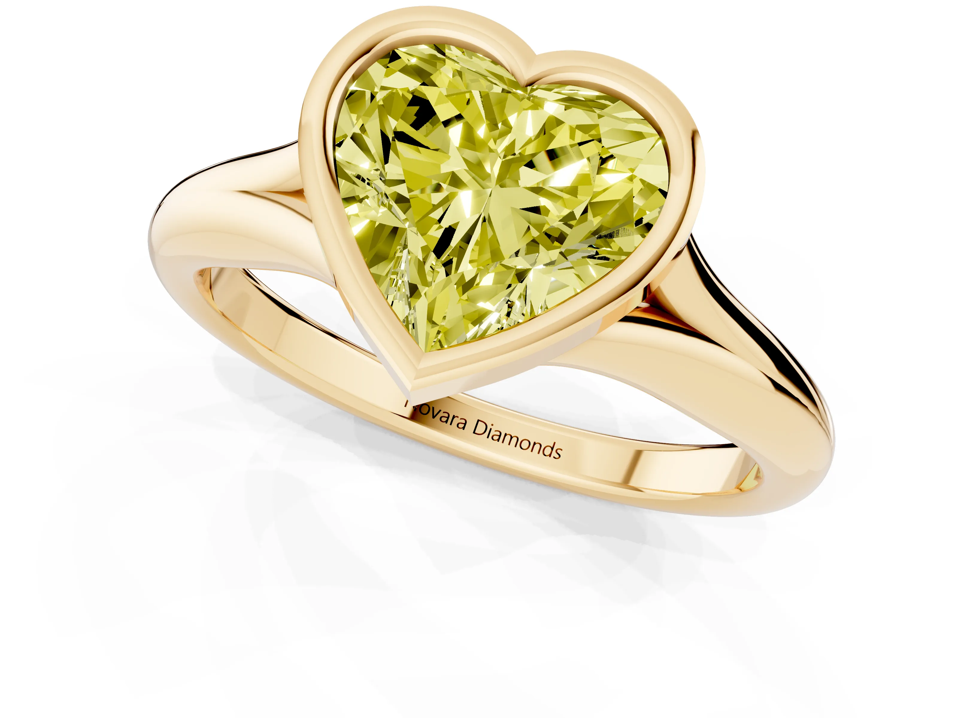 Fancy Yellow Bezel Set Heart Cut Diamond Solitaire Ring Set in Yellow gold with Smooth Band