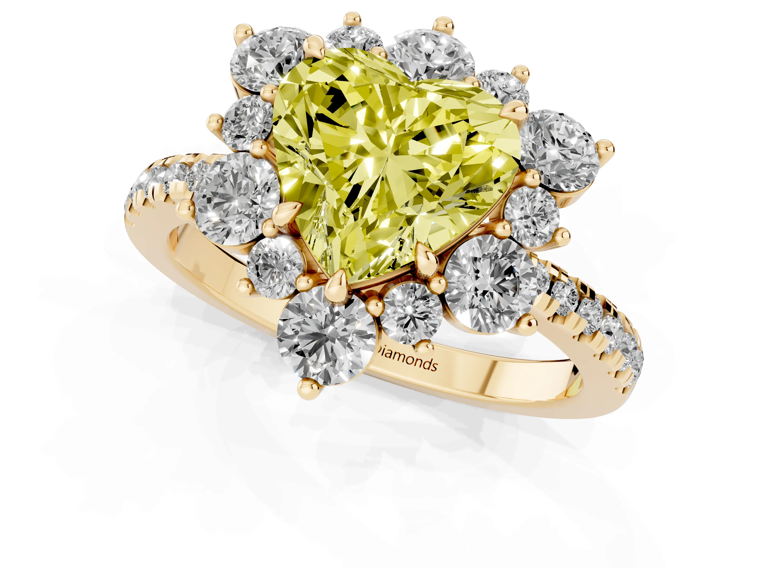 Fancy Yellow Heart Cut Diamond Floral Halo Ring Set in Yellow gold with Round Pavé Band and Prong Setting
