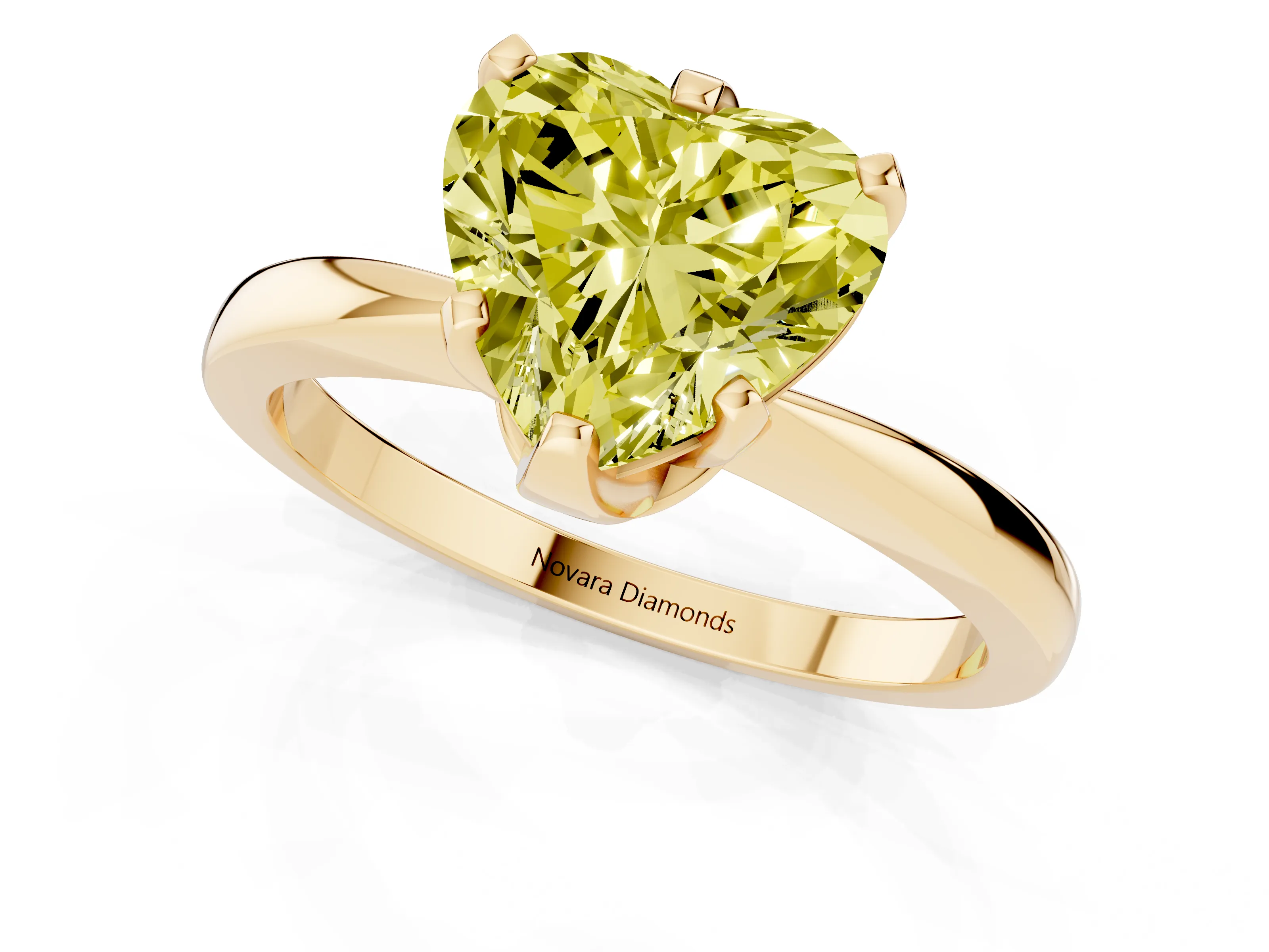 Fancy Yellow Heart Cut Diamond Solitaire Engagement Ring Set in Yellow gold with Slim Tapered Solitaire Band