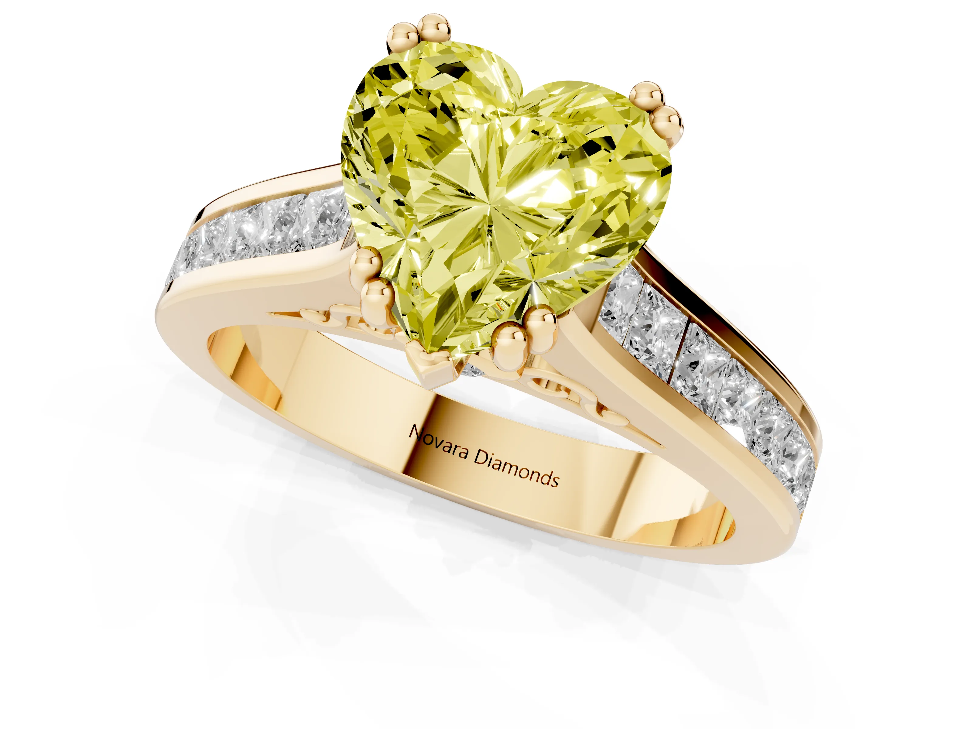 Fancy Yellow Heart Cut Diamond Channel Set Solitaire Engagement Ring Set in Yellow gold with Prong Setting – second view