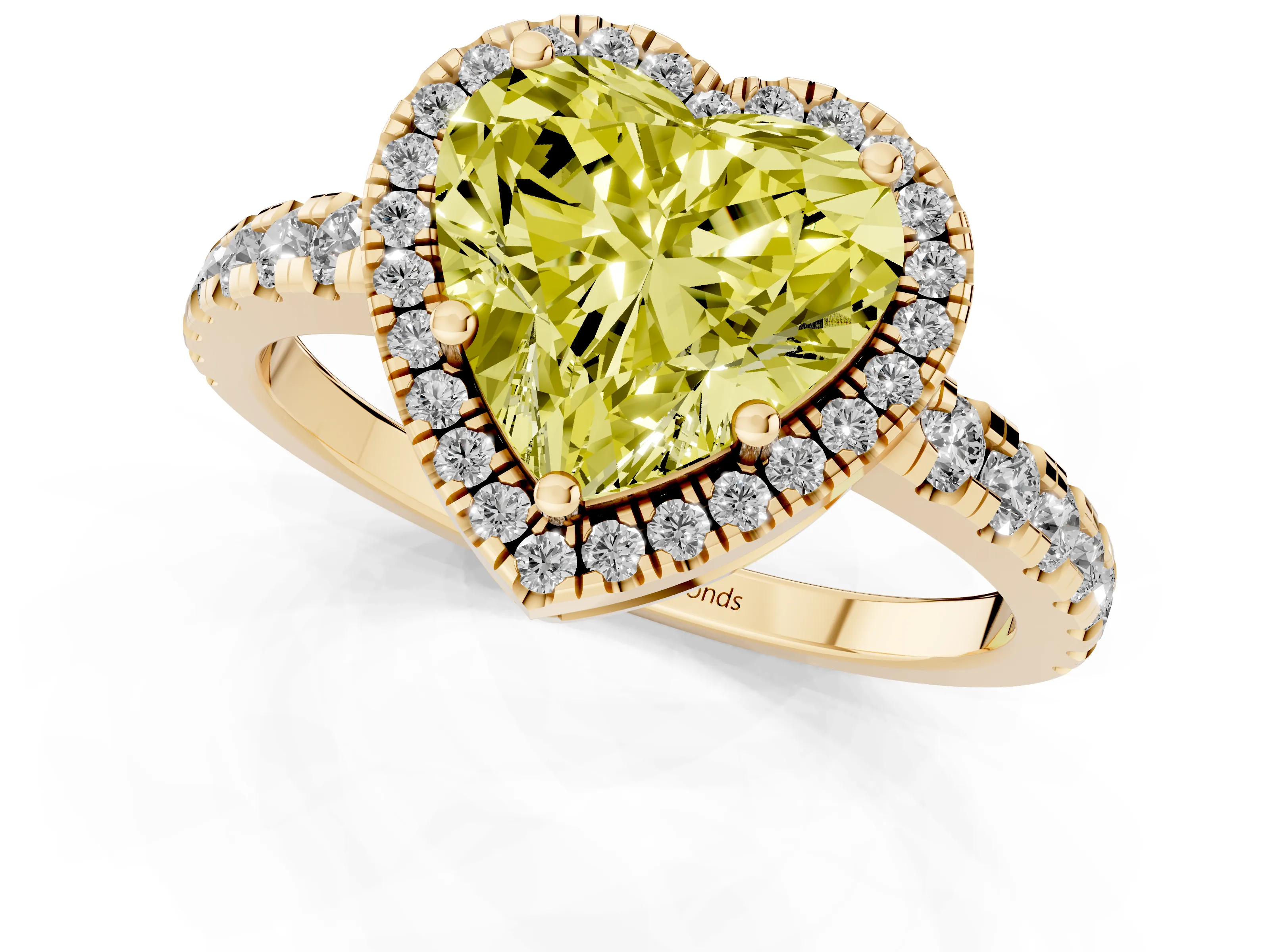Fancy Yellow Heart Cut Diamond Halo Ring Set in Yellow gold with Delicate Pavé Band and Prong Setting