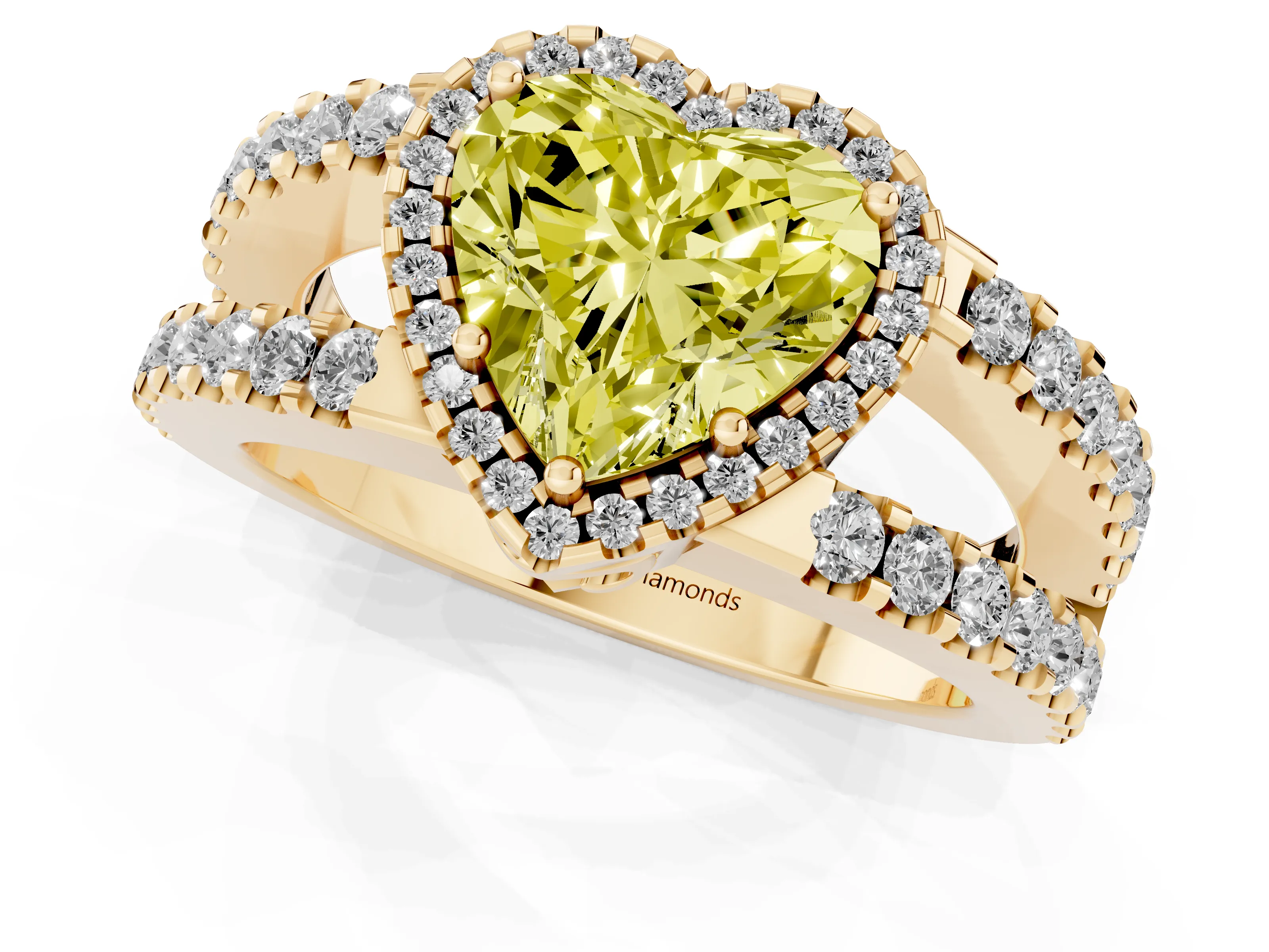 Fancy Yellow Heart Cut Diamond Halo Ring Set in Yellow gold with Pavé Split Shank and Prong Setting