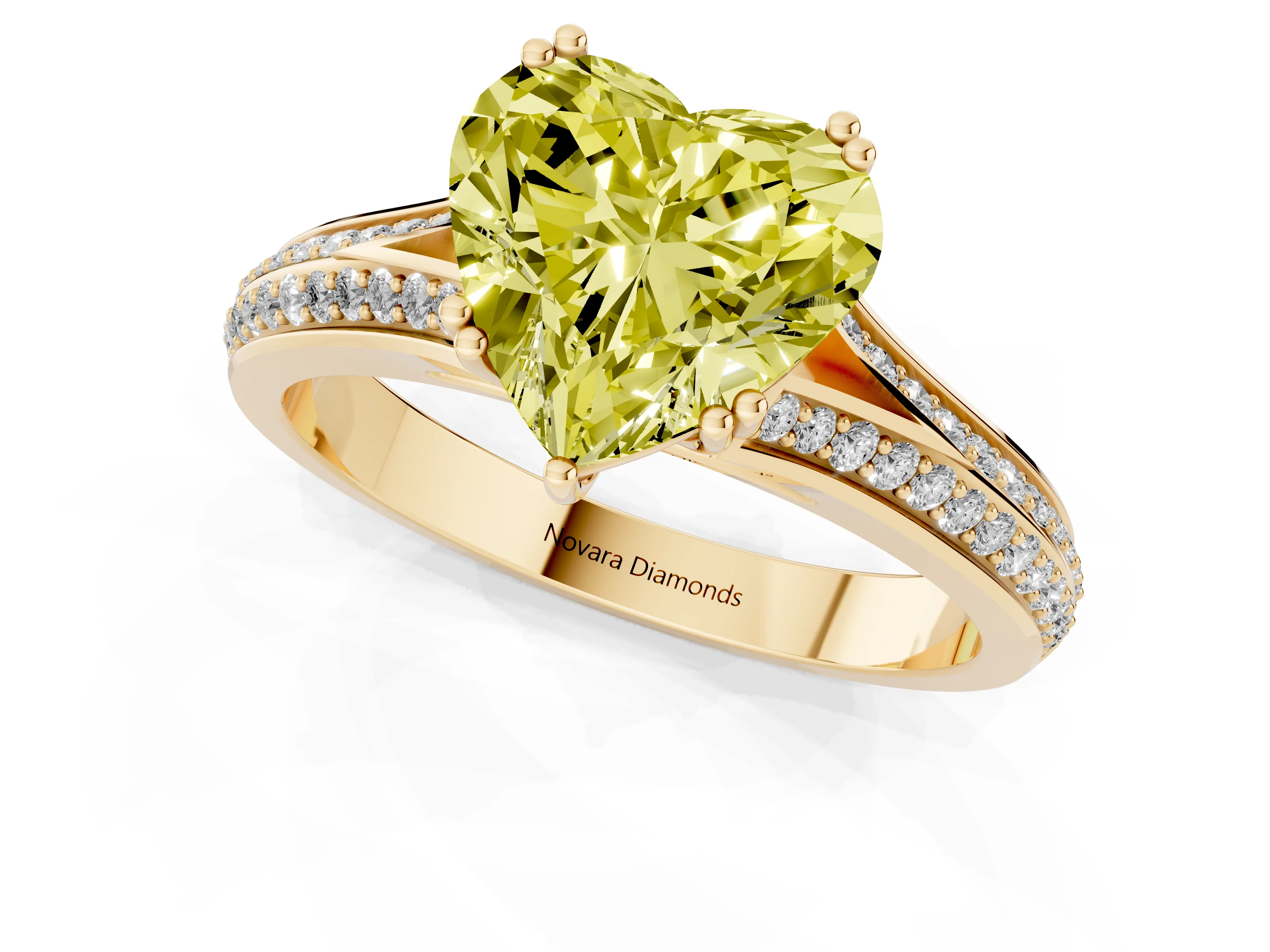 Fancy Yellow Heart Cut Diamond Split Shank Pavé Engagement Ring Set in Yellow gold with Prong-Set Center Stone