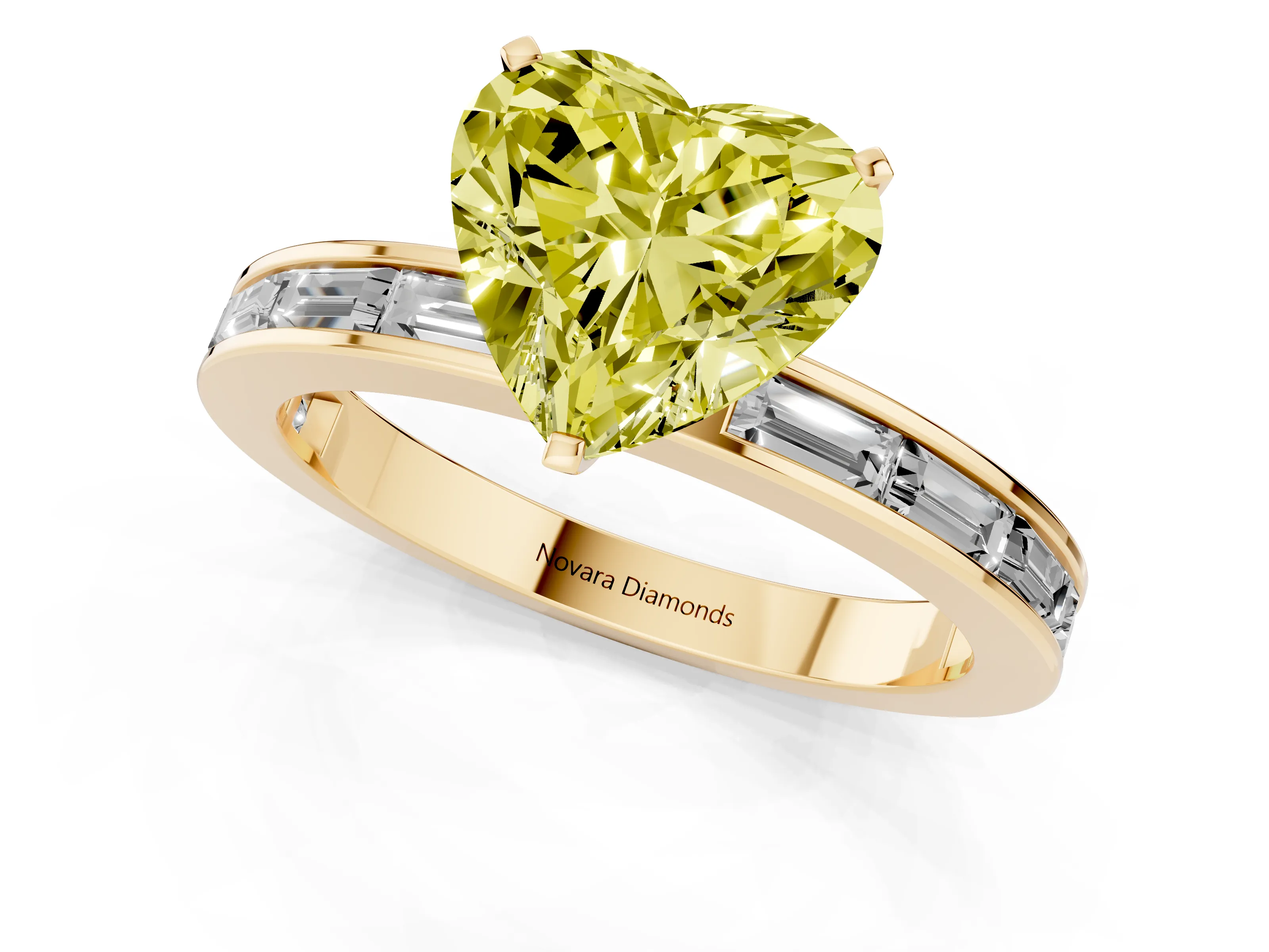 Fancy Yellow Heart Cut Diamond Solitaire Ring Set in Yellow gold with Channel-Set Baguette Band and Prong Setting