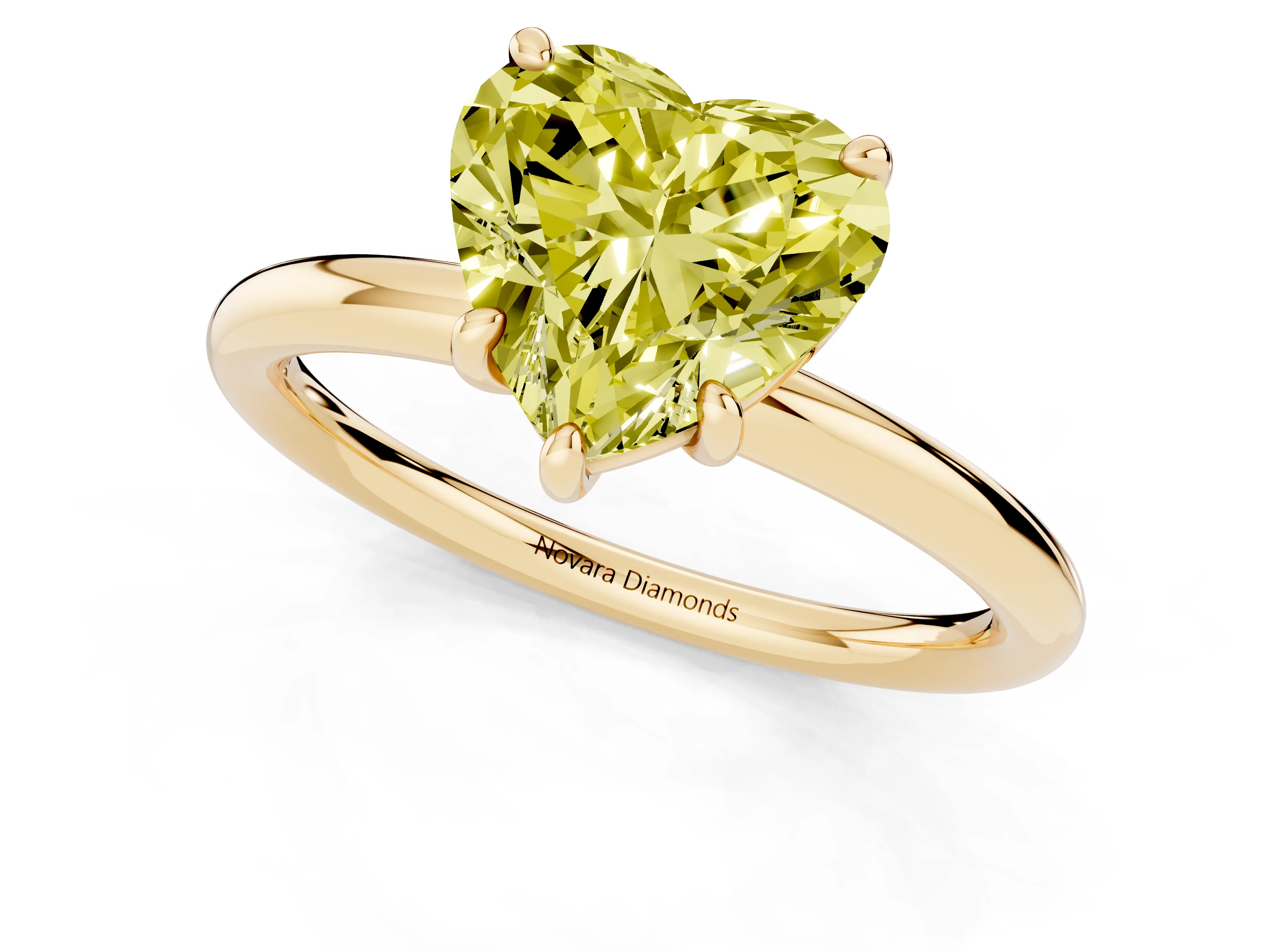 Fancy Yellow Heart Cut Diamond Solitaire Ring Set in Yellow gold with Prong Setting on a Polished Plain Band