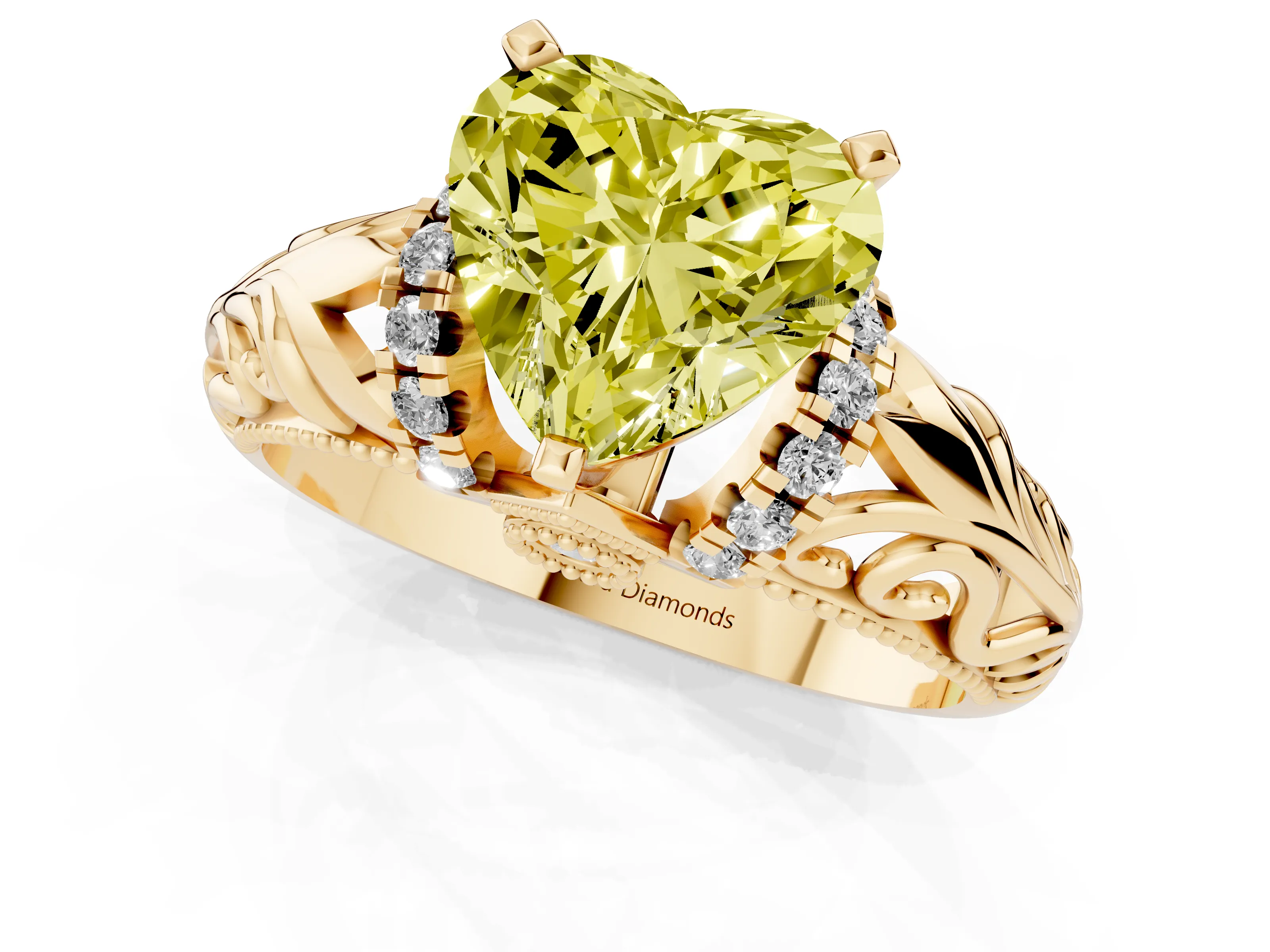 Fancy Yellow Heart Cut Diamond Filigree Halo Engagement Ring Set in Yellow gold with Prong Setting