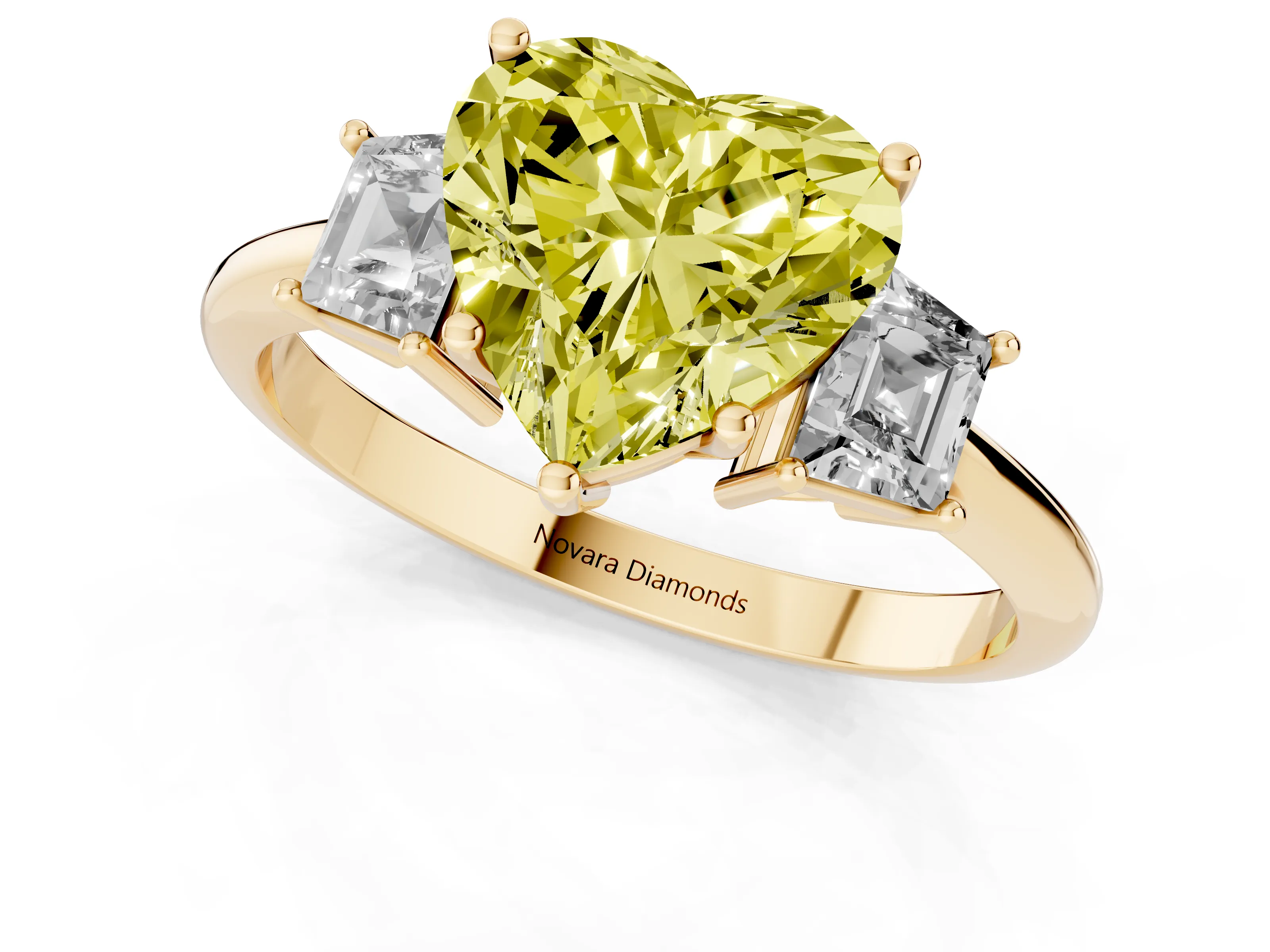 Fancy Yellow Heart Cut Diamond Three-Stone Ring Set in Yellow gold with Trapezoid Side Stones and Prong Setting