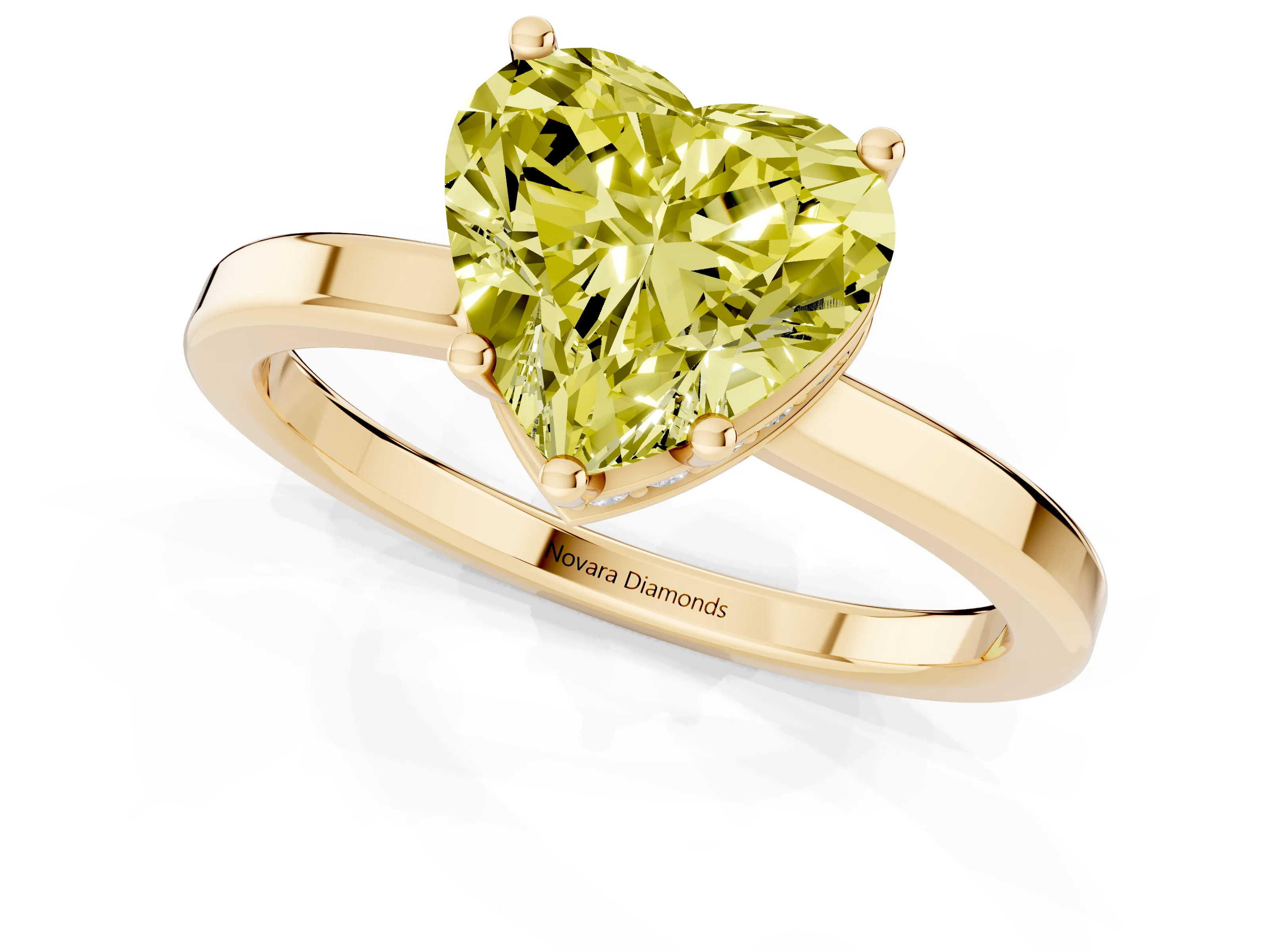 Fancy Yellow Heart Cut Diamond Solitaire Engagement Ring Set in Yellow gold with Prong Setting on a Plain Band