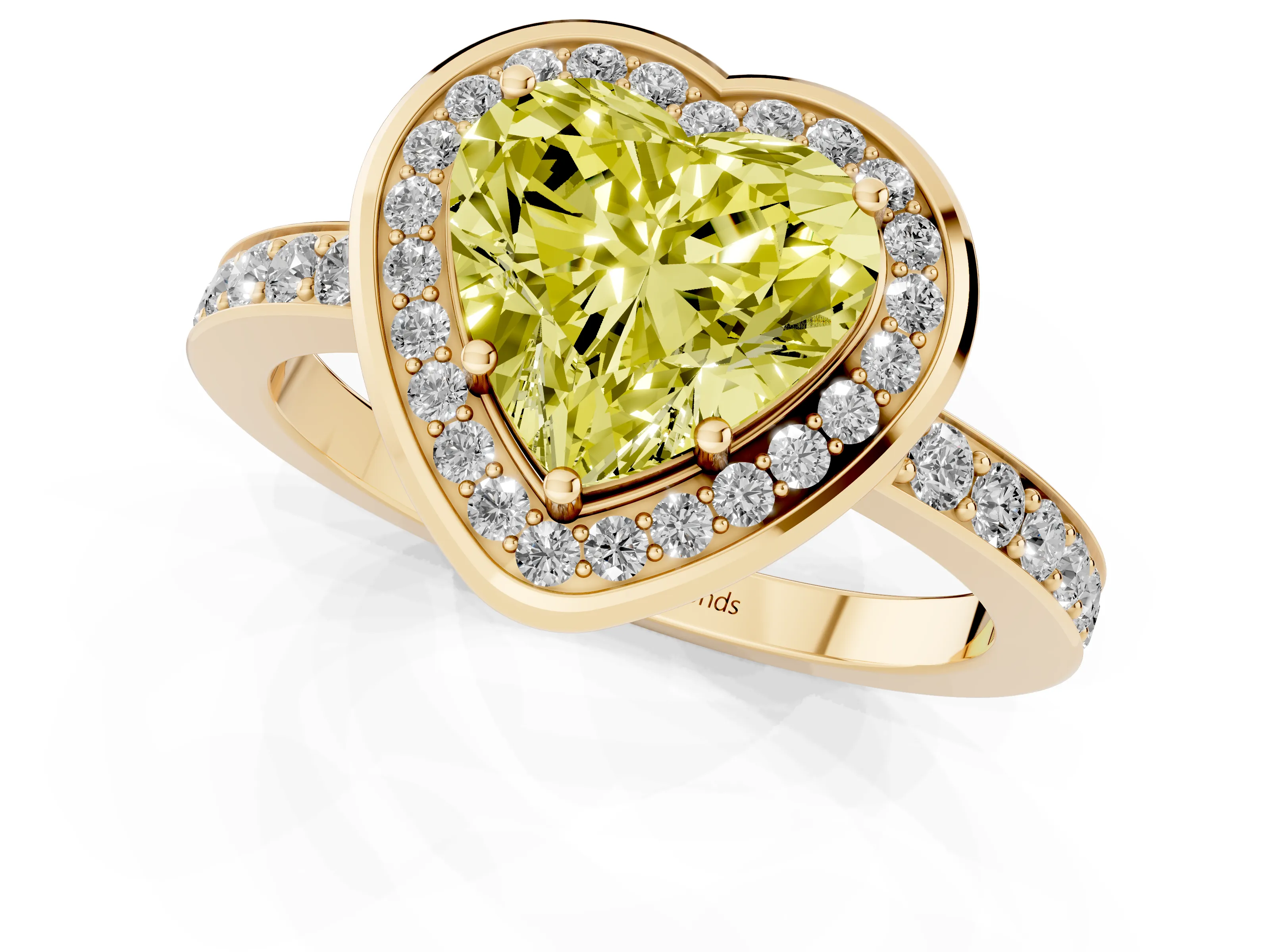 Fancy Yellow Heart Cut Diamond Halo Ring Set in Yellow gold with Bezel Frame and Pavé Band