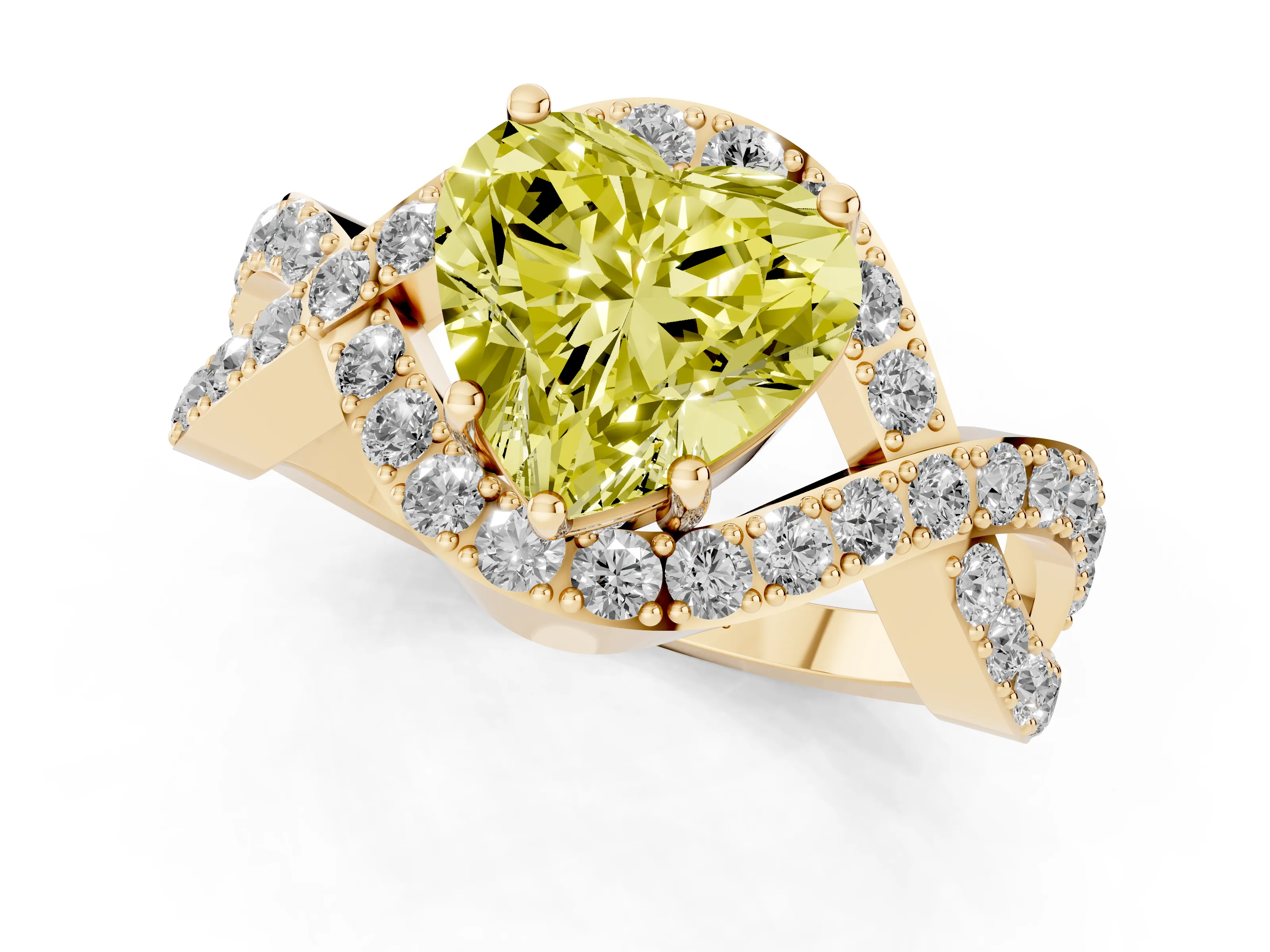 Fancy Yellow Heart Cut Diamond Solitaire Twist Band Pavé Engagement Ring Set in Yellow gold