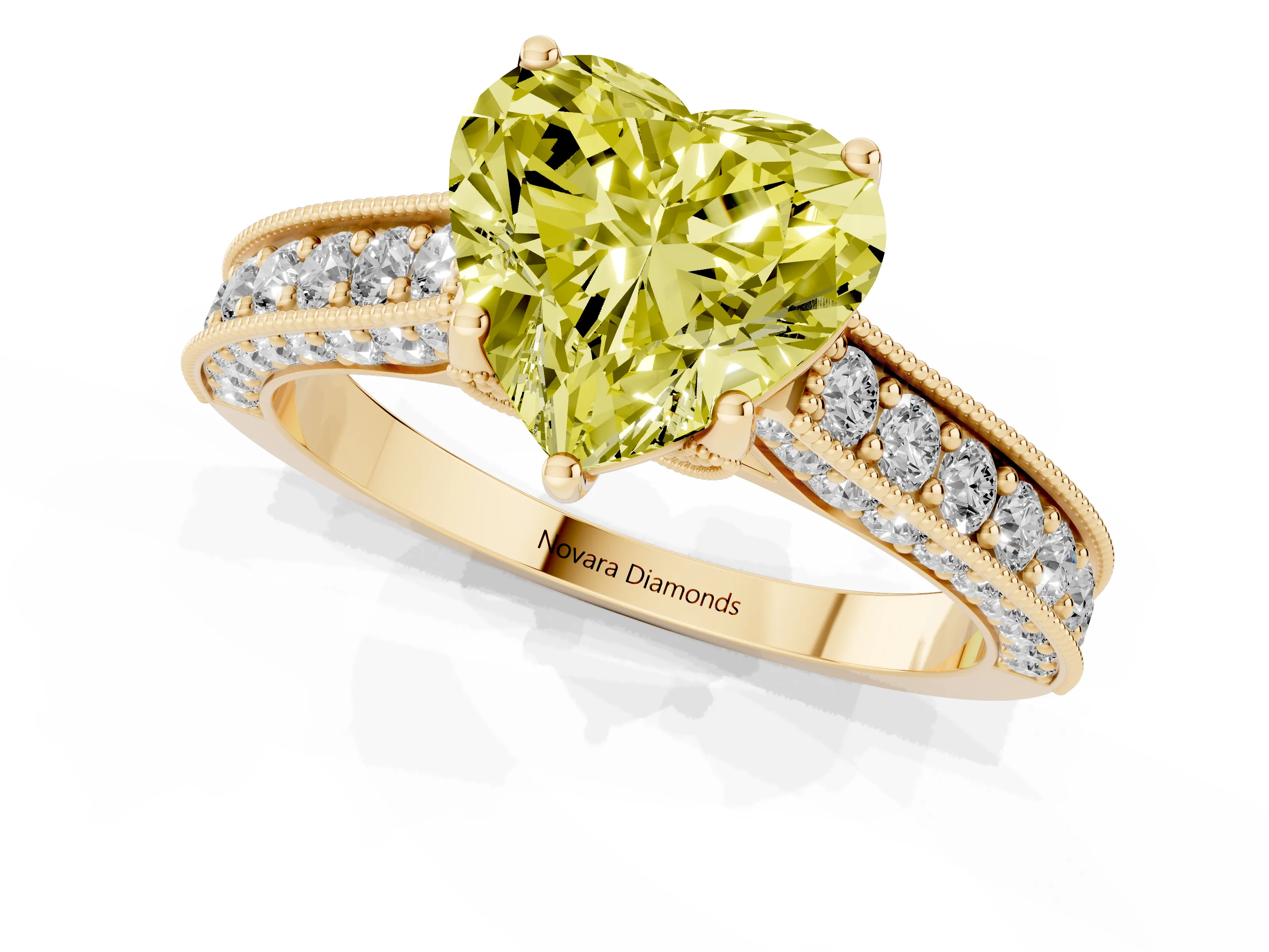 Fancy Yellow Heart Cut Diamond Solitaire Ring Set in Yellow gold with Milgrain-Edged Pavé Band and Prong Setting