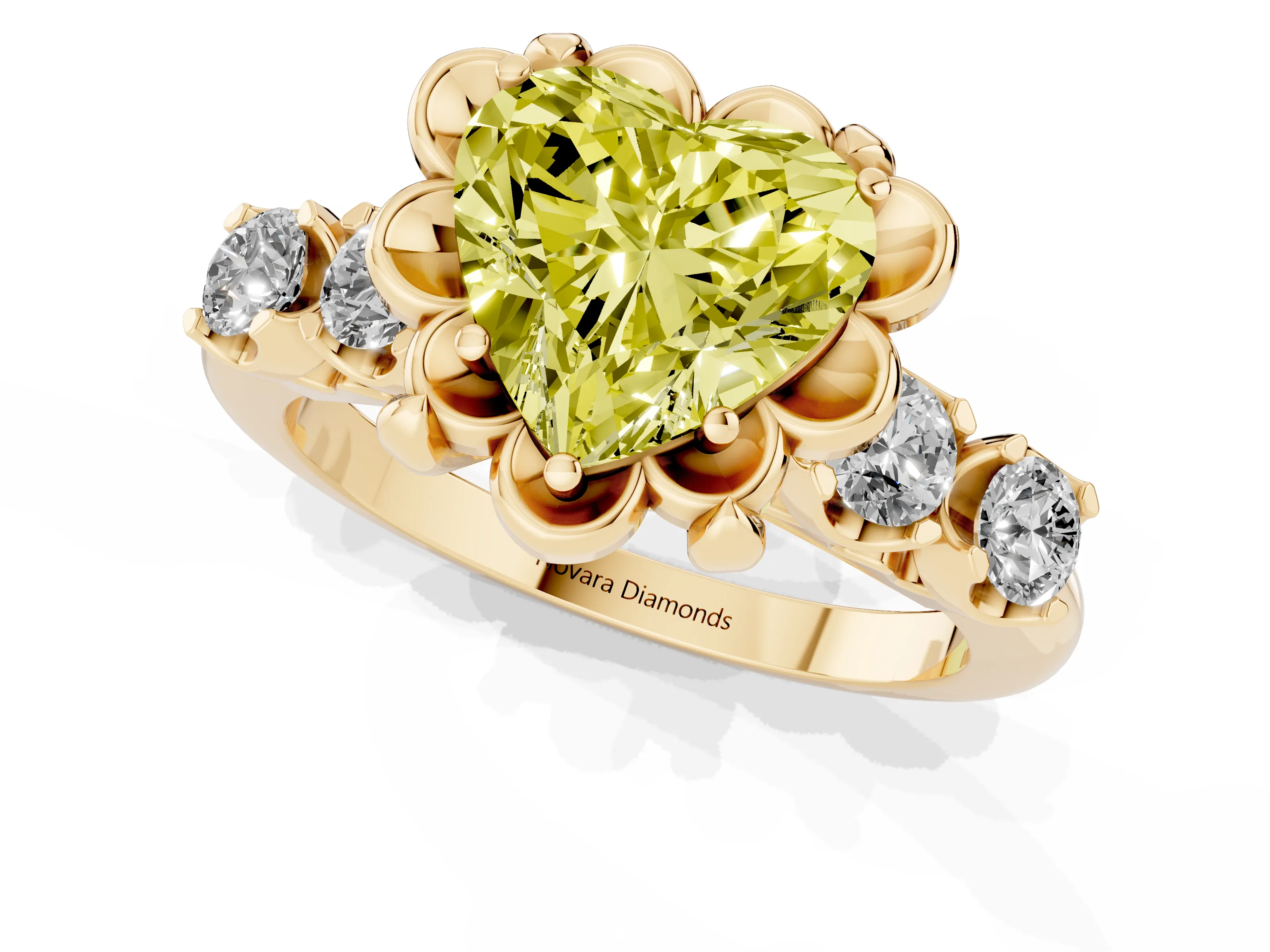 Fancy Yellow Heart Cut Diamond Floral Halo Ring Set in Yellow gold with Shared Prong Band