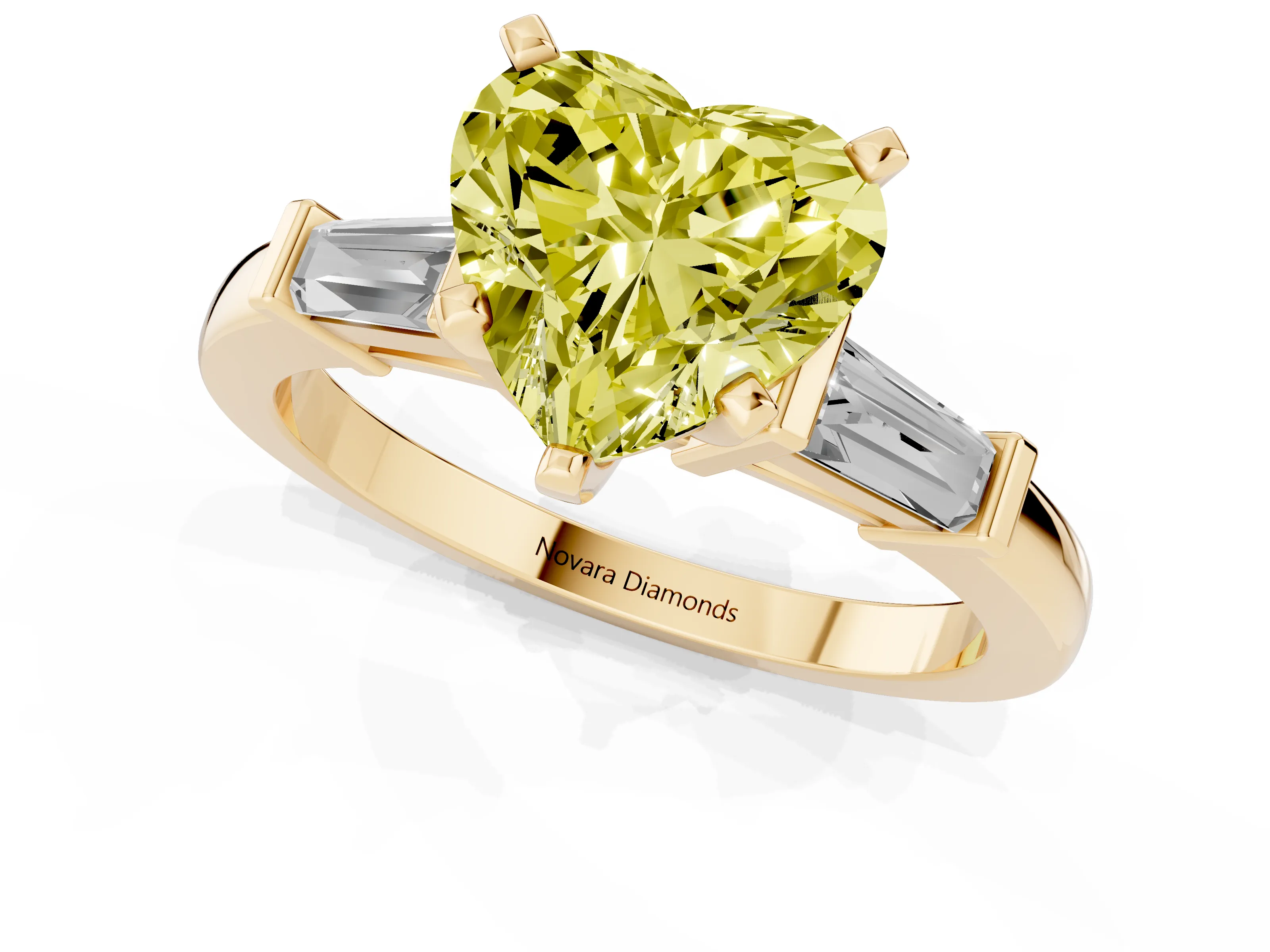 Fancy Yellow Heart Cut Diamond Solitaire Ring Set in Yellow gold with Tapered Baguette Accents and Prong Setting