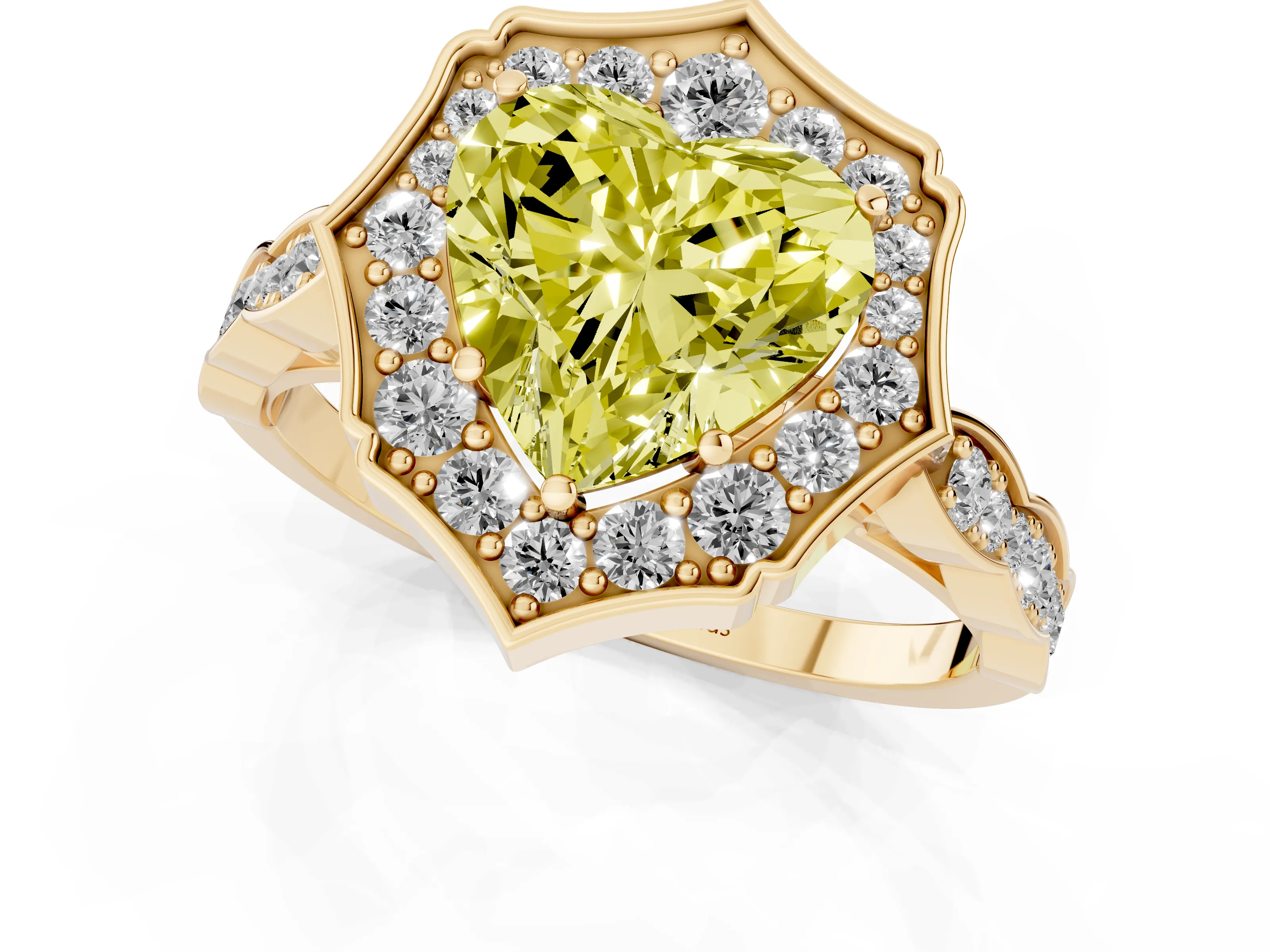 Fancy Yellow Heart Cut Diamond Halo Engagement Ring Set in Yellow gold with Milgrain Band and Prong Setting