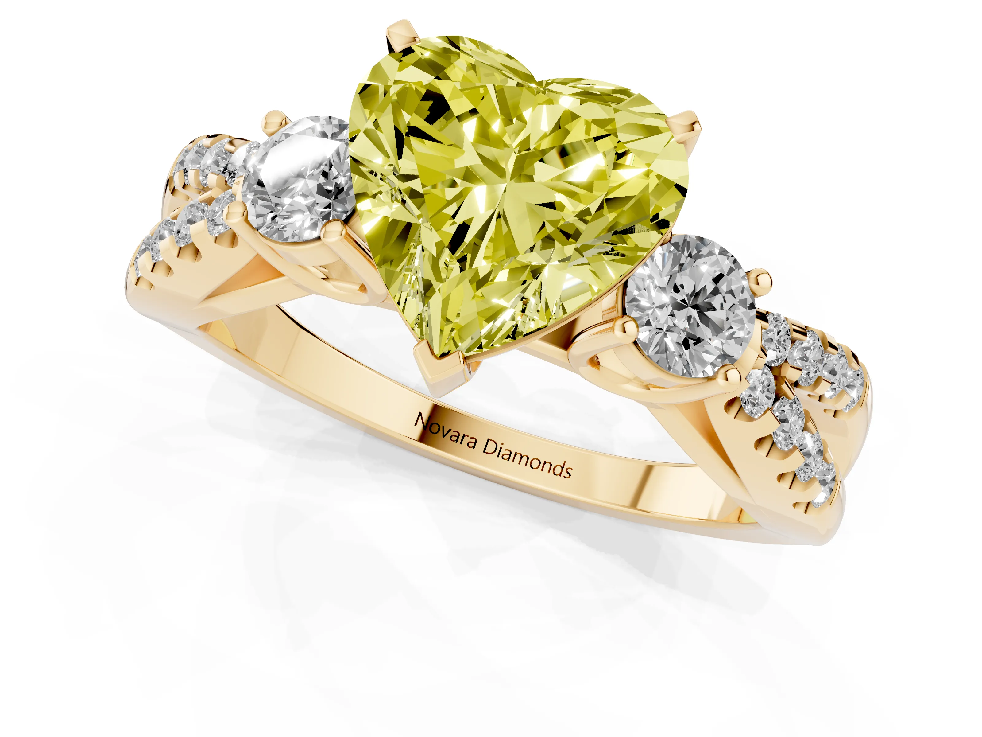 Fancy Yellow Heart Cut Diamond Three-Stone Ring Set in Yellow gold with Pavé Split Shank and Prong Setting
