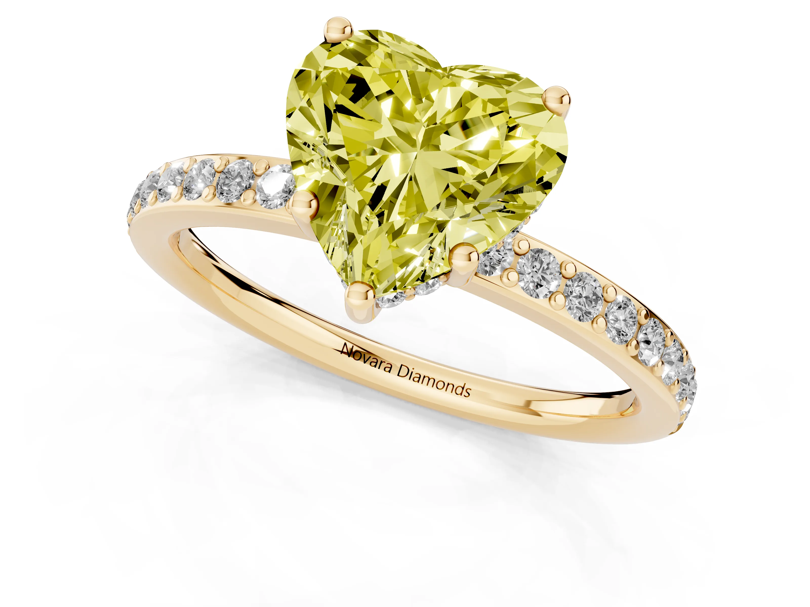 Fancy Yellow Heart Cut Diamond Pavé Band Ring Set in Yellow gold with Prong-Set Center Stone