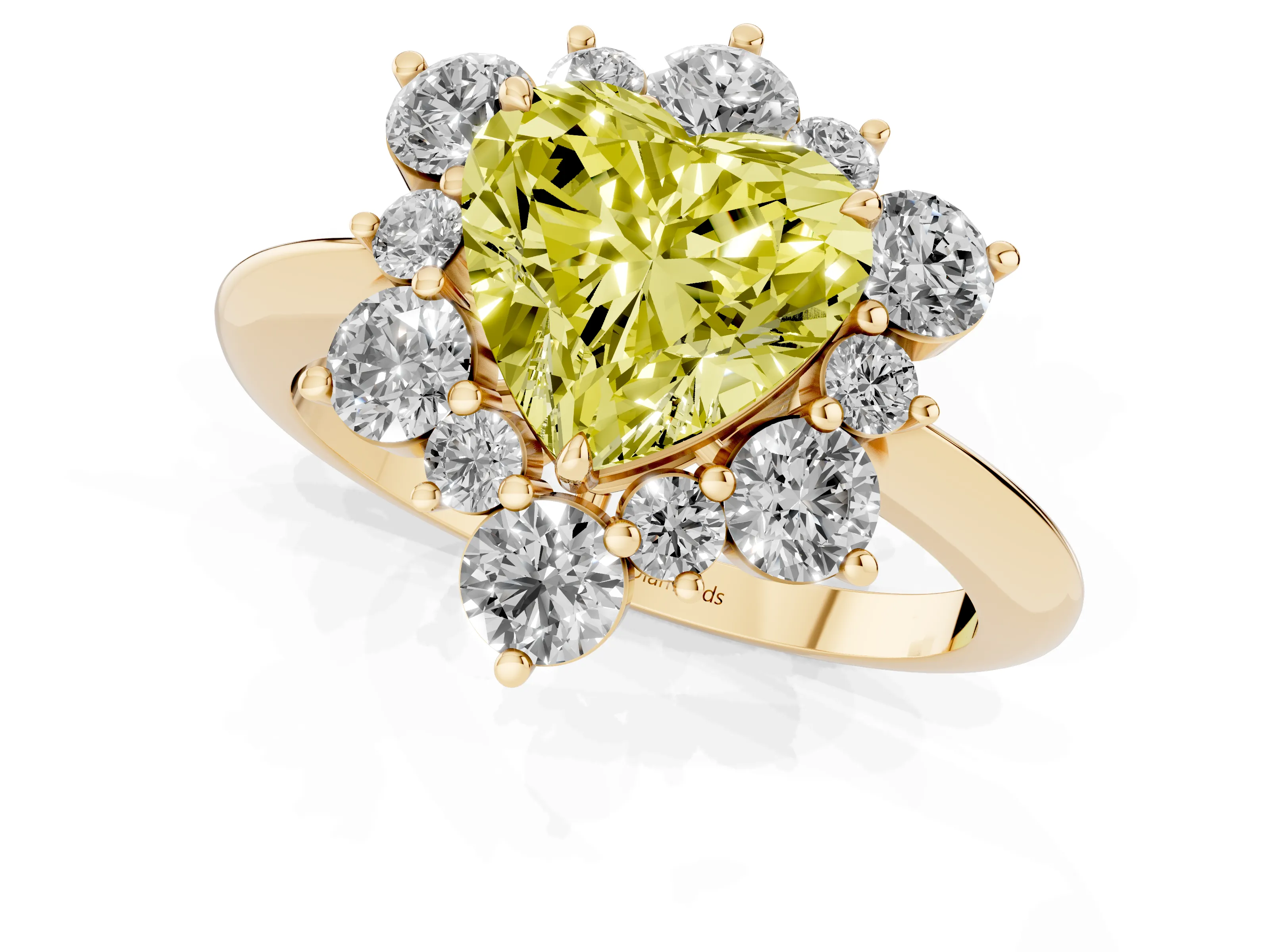 Fancy Yellow Heart Cut Diamond Cluster Halo Ring Set in Yellow gold with Solitaire Band and Prong Setting