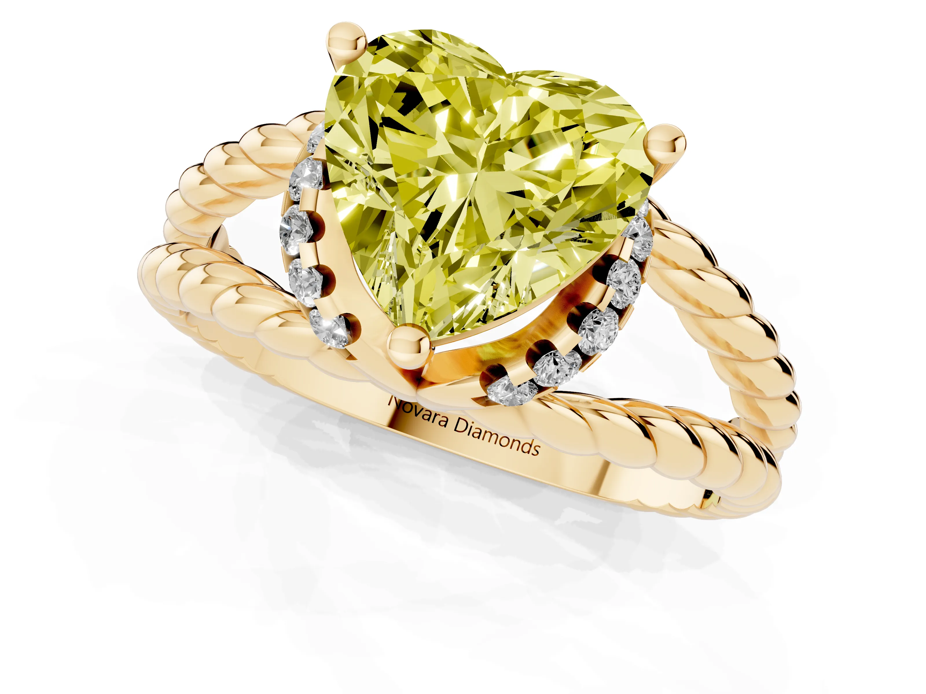 Fancy Yellow Heart Cut Diamond Halo Ring Set in Yellow gold with Twisted Band and Prong Setting