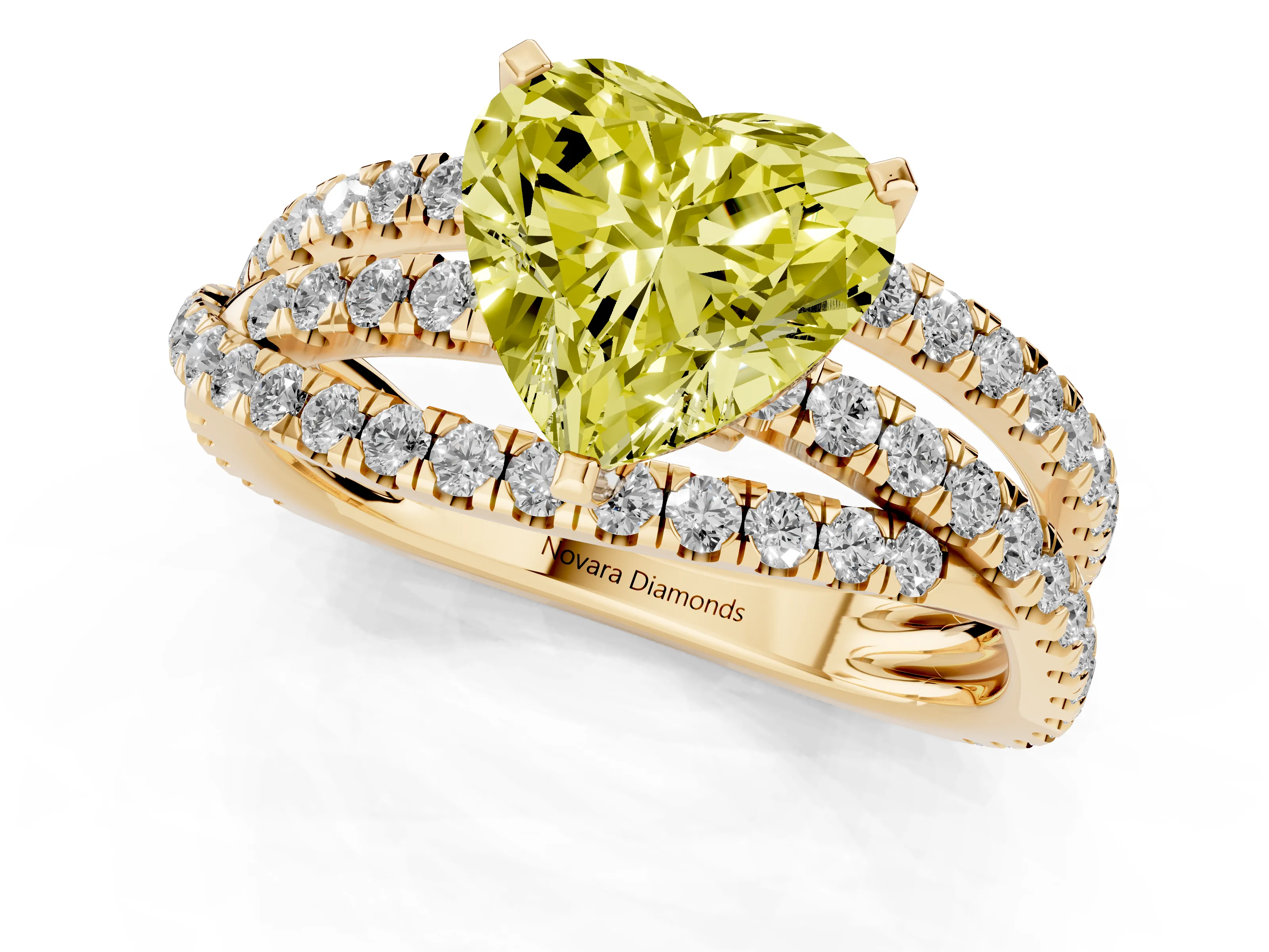 Fancy Yellow Heart Cut Diamond Solitaire Twist Band Ring Set in Yellow gold with Pavé Setting and Prong Head