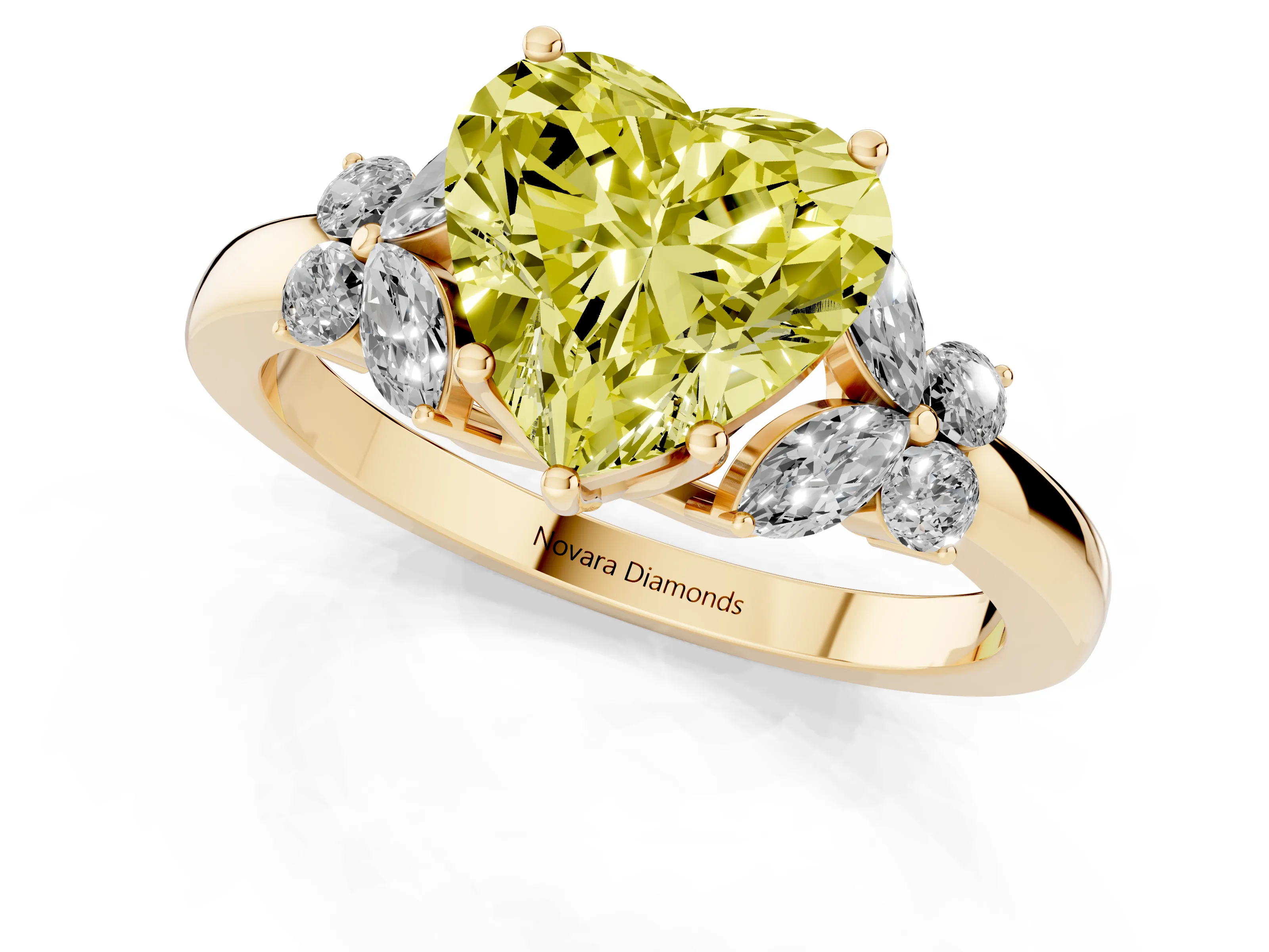 Fancy Yellow Heart Cut Diamond Solitaire Floral Ring Set in Yellow gold with Marquise Petals and Prong Setting