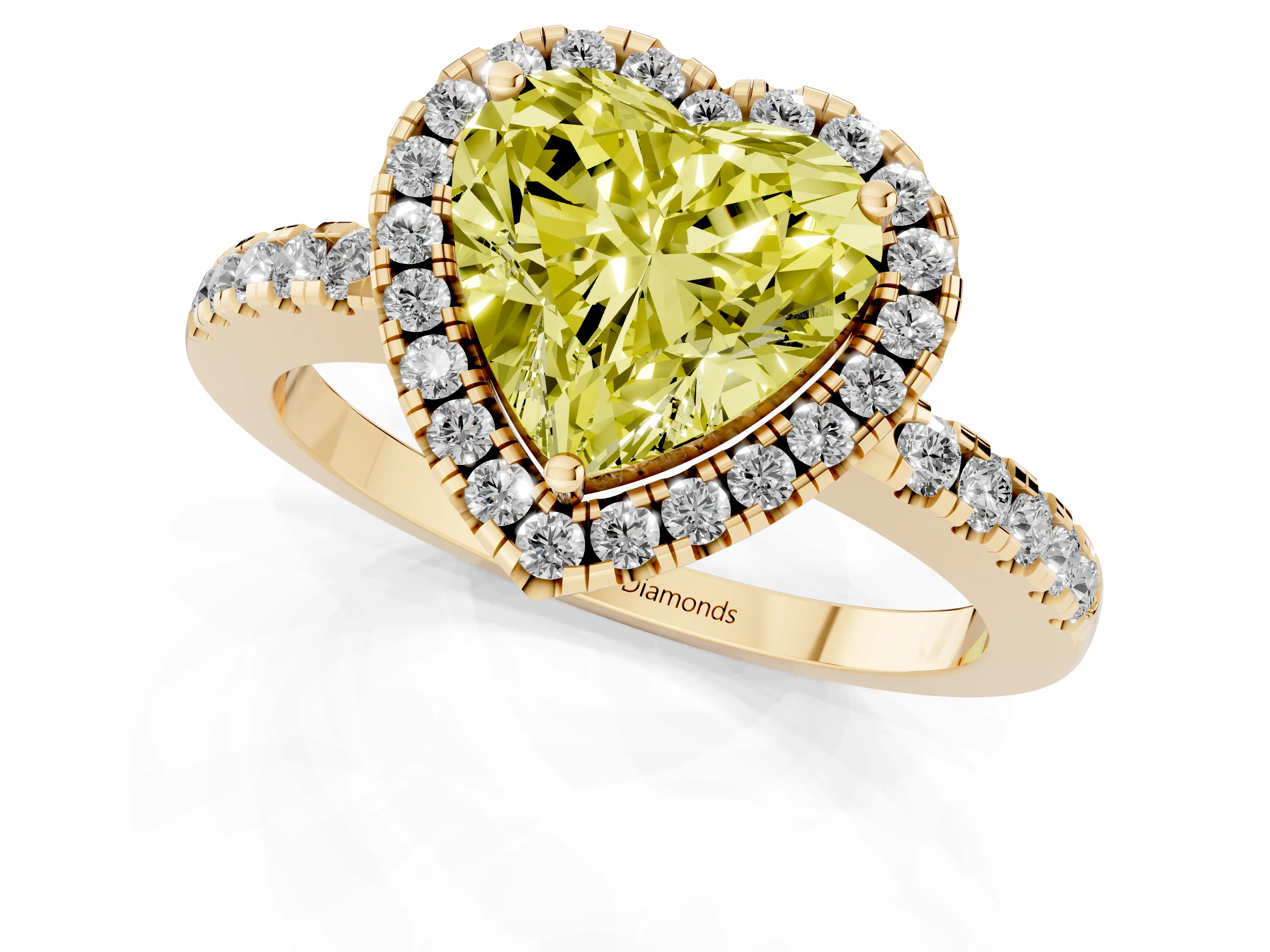 Fancy Yellow Heart Cut Diamond Pavé Band Halo Engagement Ring Set in Yellow gold with Prong Setting