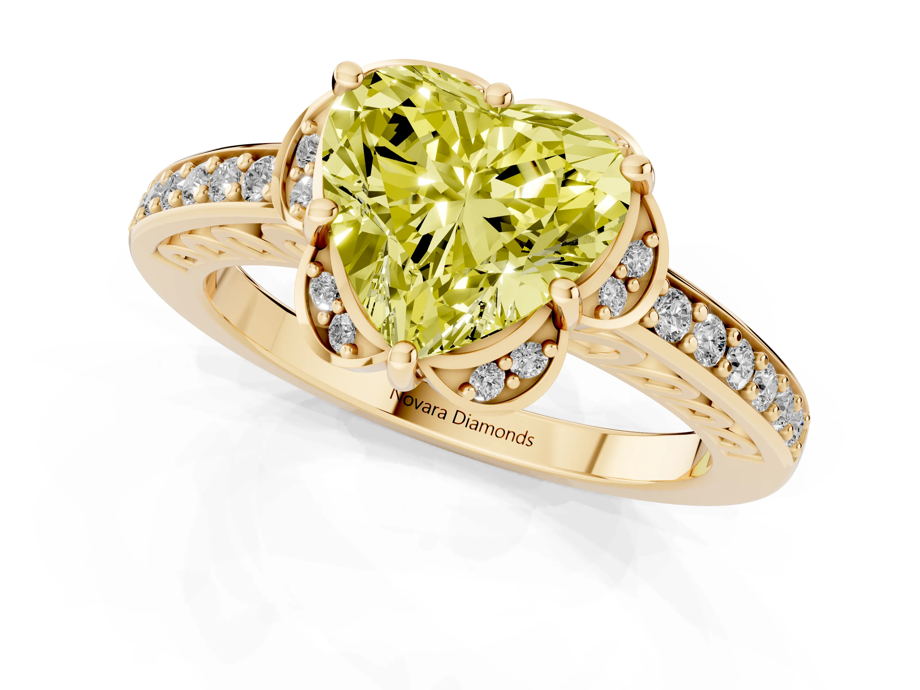 Fancy Yellow Heart Cut Diamond Halo Ring Set in Yellow gold with Channel Set Band and Prong Setting
