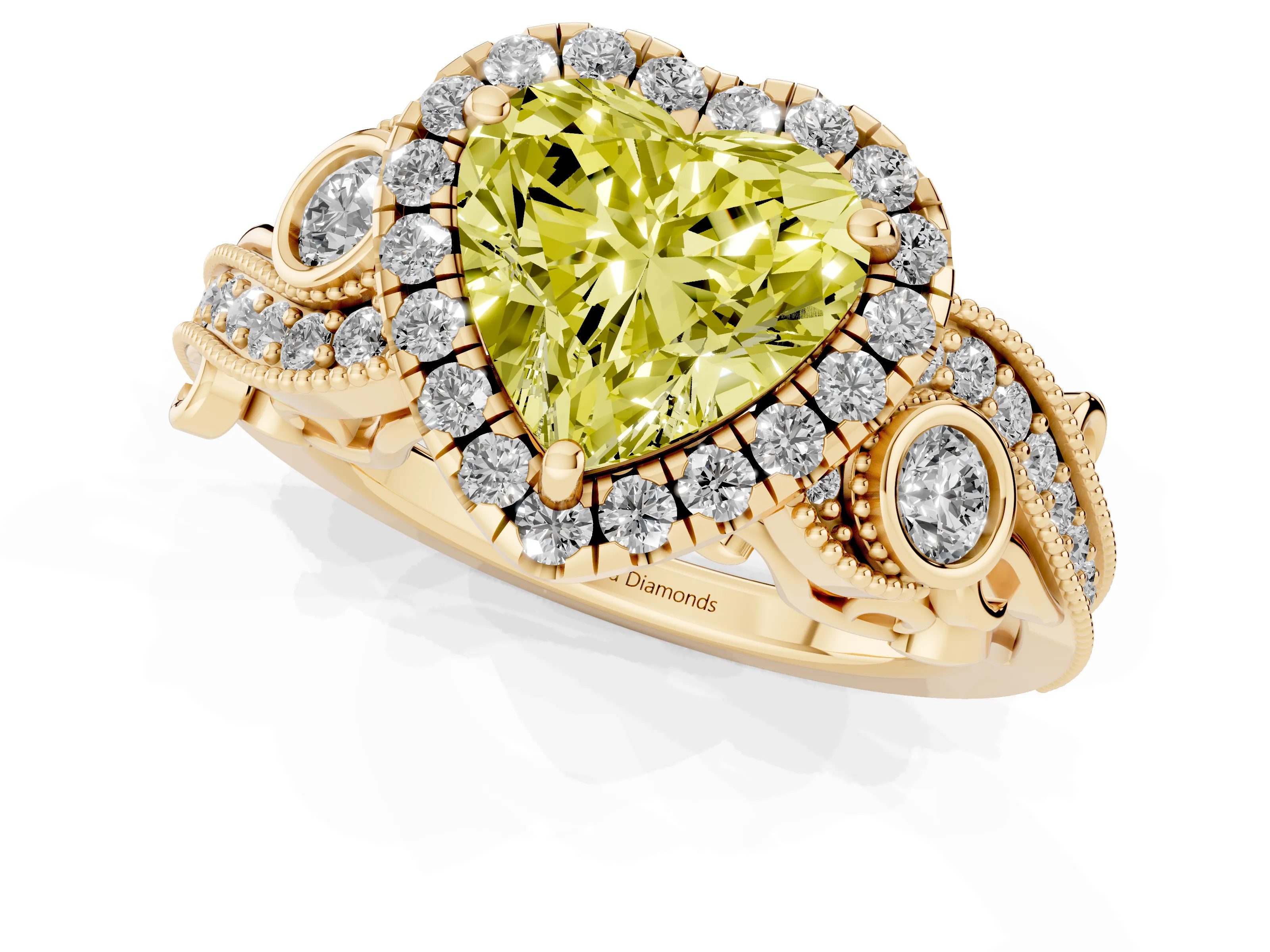 Fancy Yellow Heart Cut Diamond Halo Ring Set in Yellow gold with Milgrain Pavé Band and Prong Setting