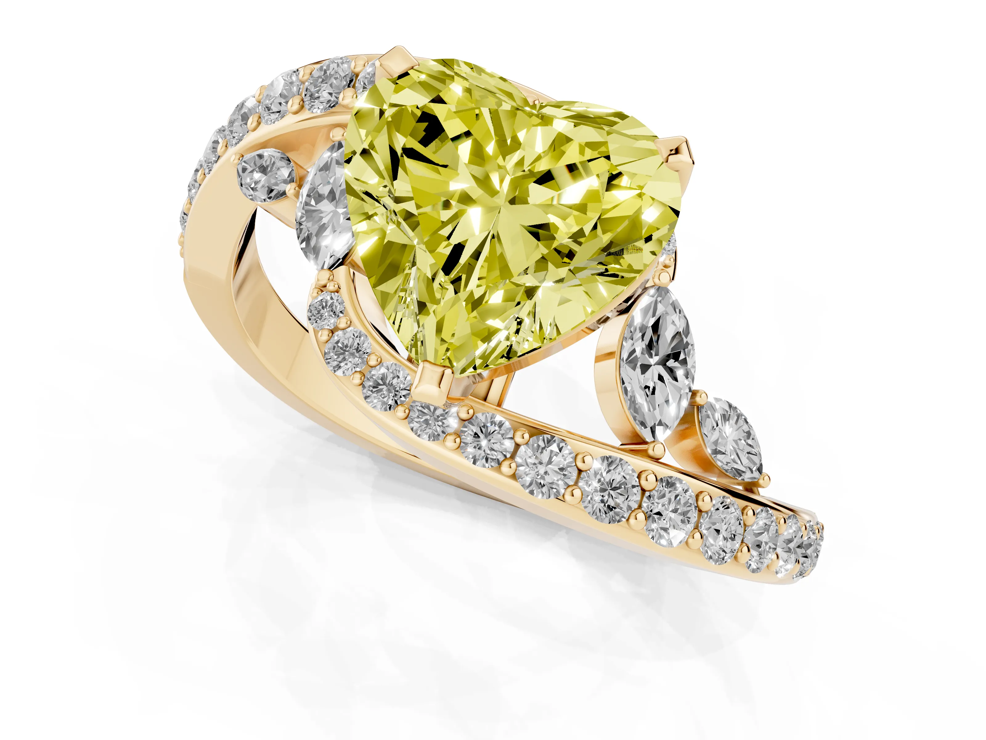 Fancy Yellow Heart Cut Diamond Solitaire Ring Set in Yellow gold with Pavé Twist Band and Secure Prong Setting