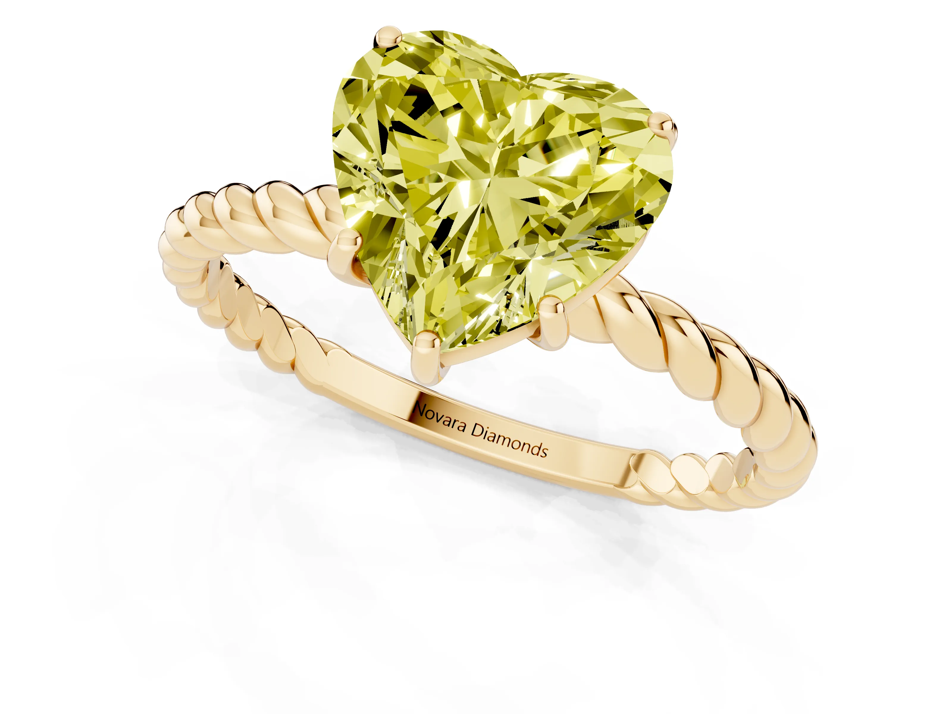 Fancy Yellow Heart Cut Diamond Solitaire Ring Set in Yellow gold with Twist Band and Prong Setting
