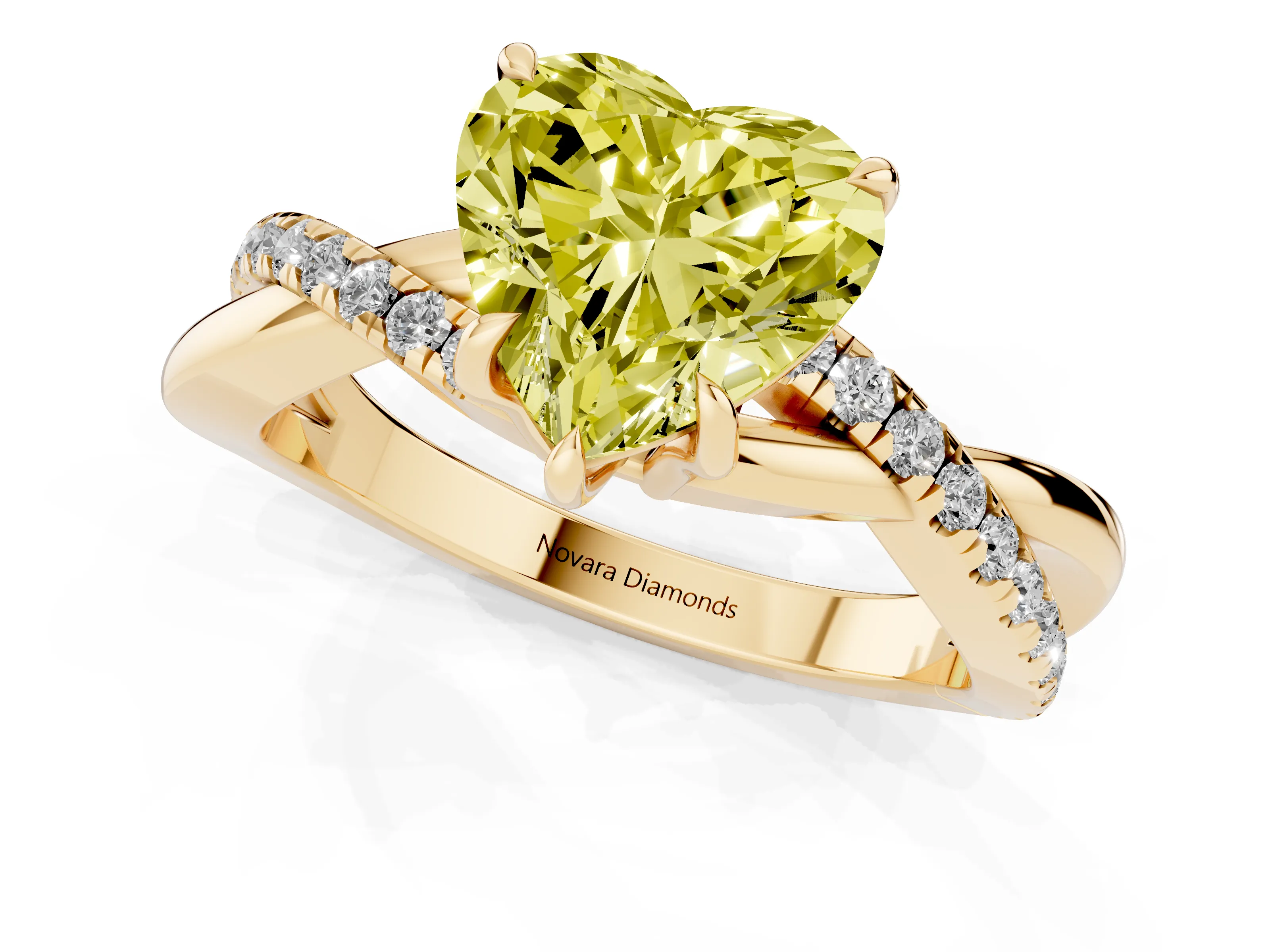 Fancy Yellow Heart Cut Diamond Twisted Pavé Band Ring Set in Yellow gold with Prong Setting