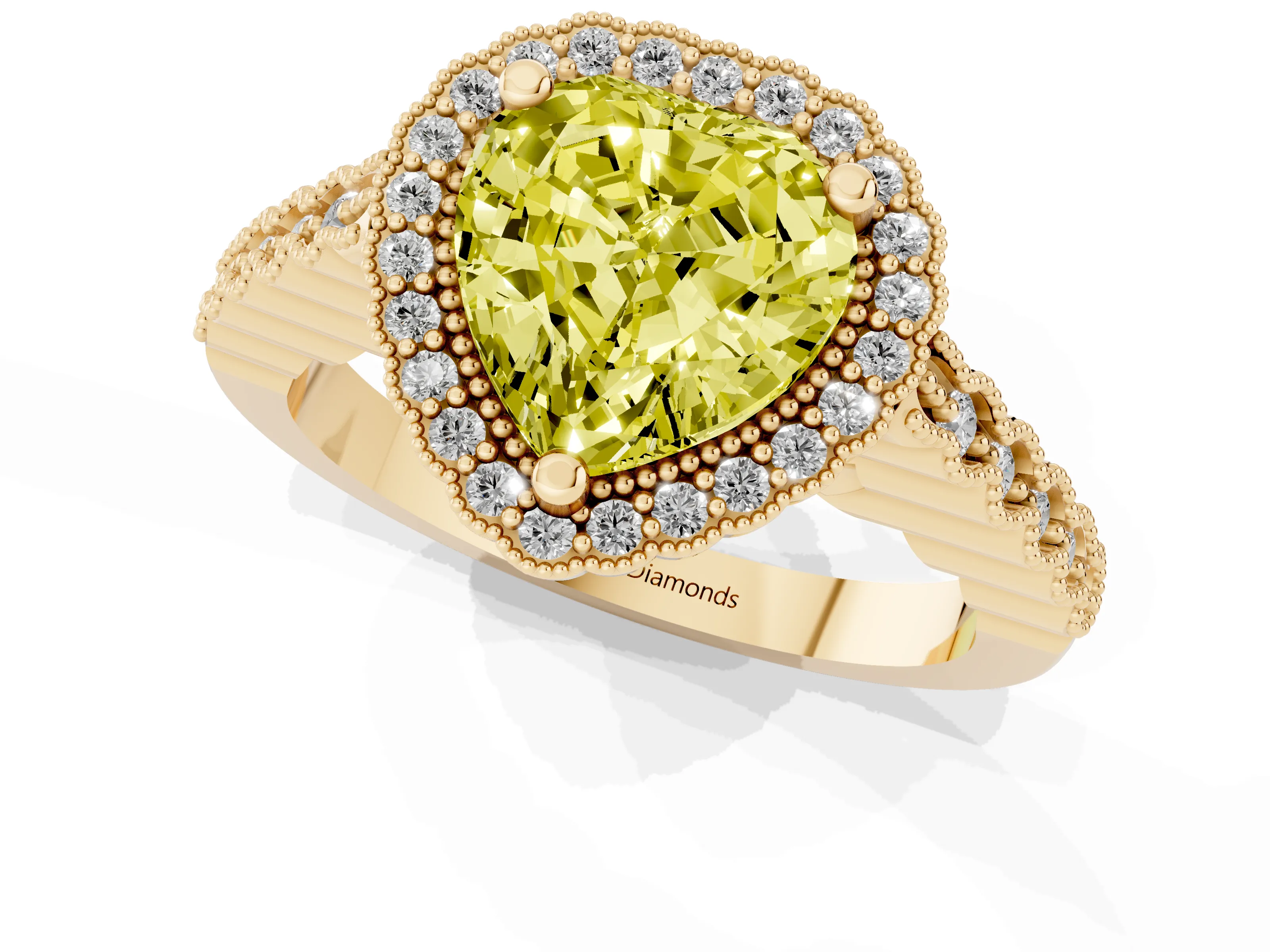 Fancy Yellow Heart Cut Diamond Halo Ring Set in Yellow gold with Pavé Milgrain Band