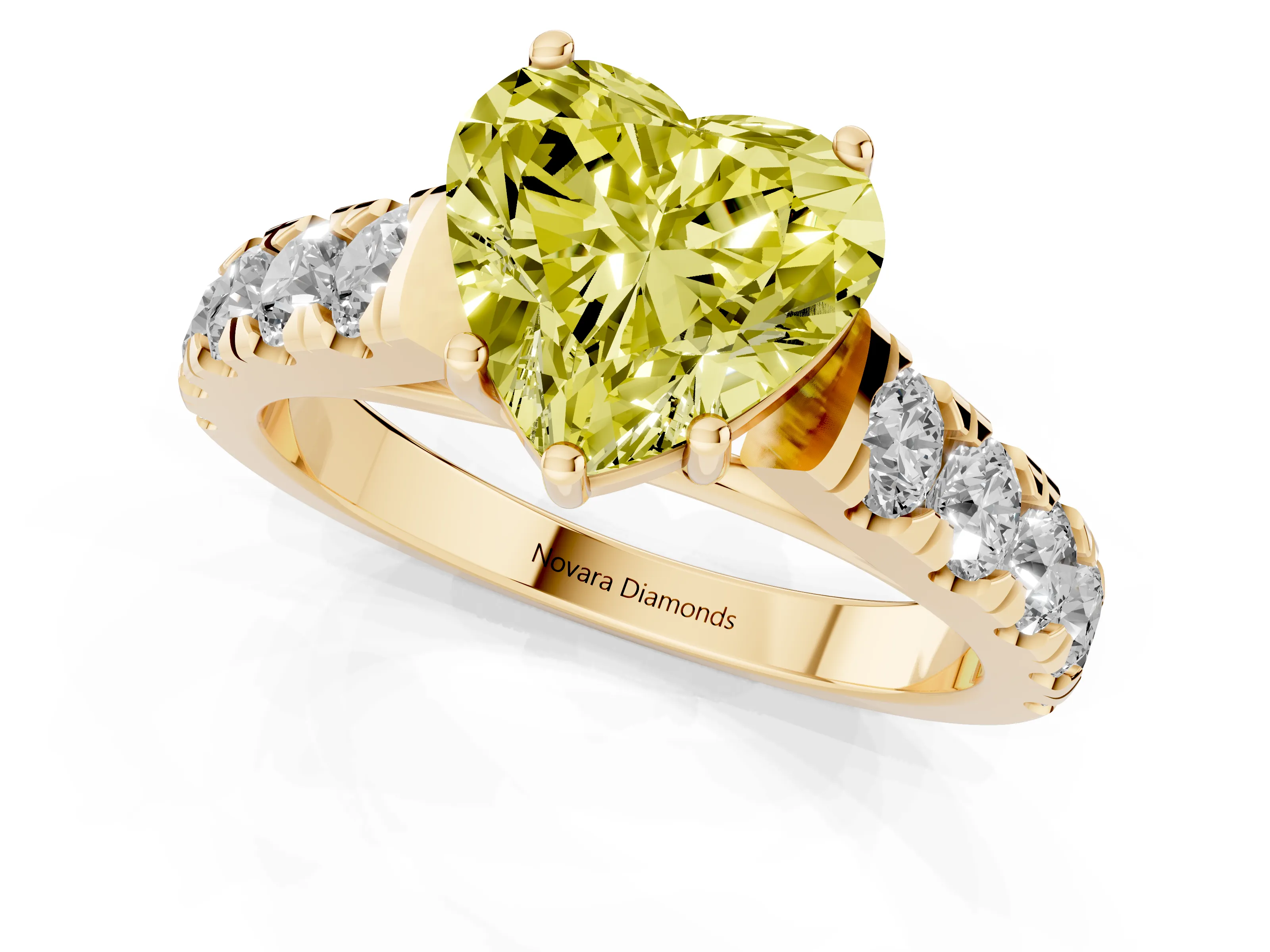 Fancy Yellow Heart Cut Diamond Solitaire Ring Set in Yellow gold with Cut-Down Micro Pavé Band and Prong Setting