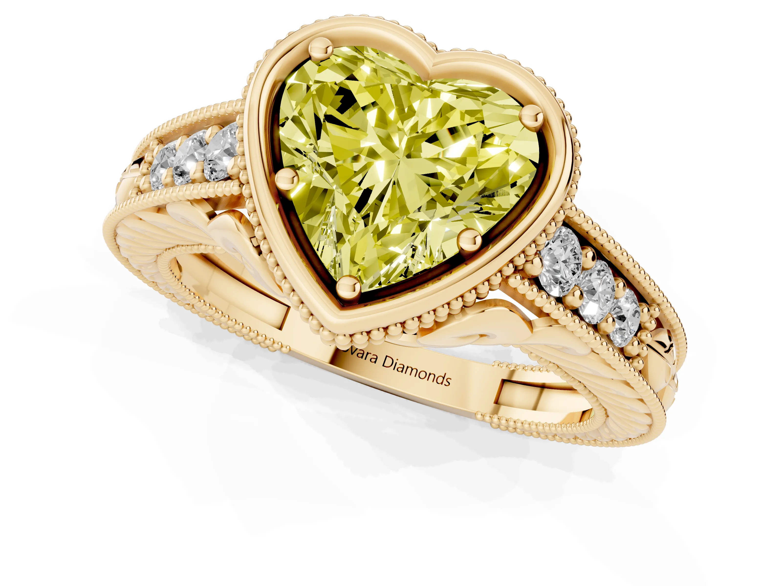 Fancy Yellow Bezel Set Heart Cut Diamond Milgrain Pavé Engagement Ring Set in Yellow gold