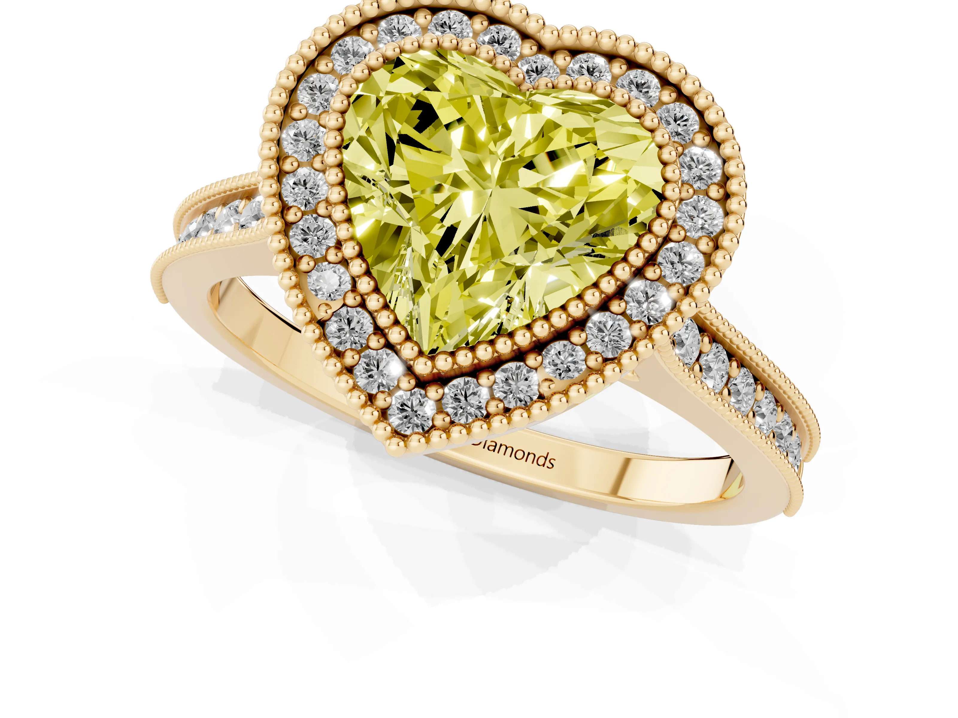 Fancy Yellow Heart Cut Diamond Halo Milgrain Pavé Band Ring Set in Yellow gold with Prong Setting