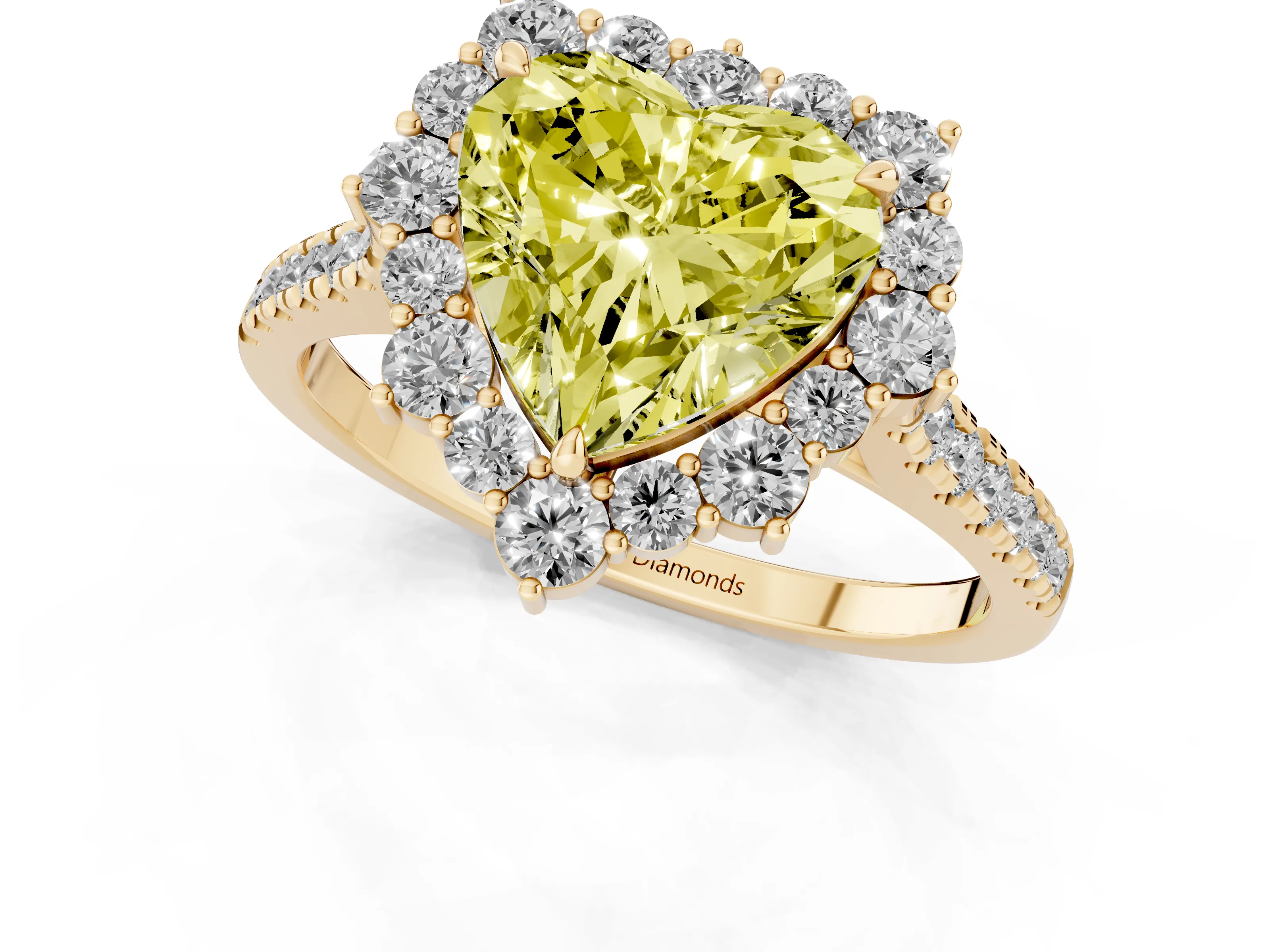 Fancy Yellow Heart Cut Diamond Halo Ring Set in Yellow gold with Pavé Band and Prong Setting