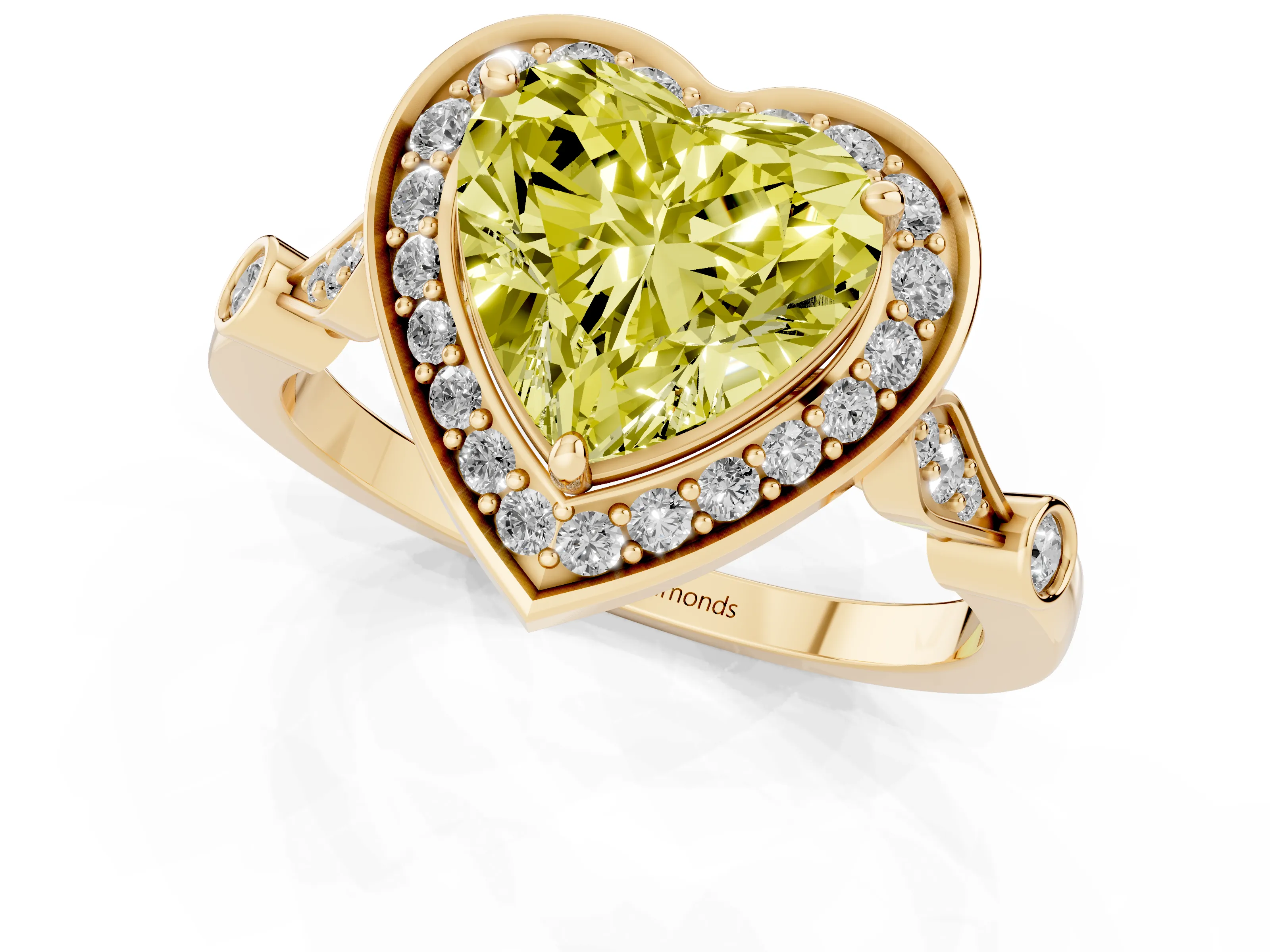 Fancy Yellow Heart Cut Diamond Halo Engagement Ring Set in Yellow gold with Twisted Band and Prong Setting