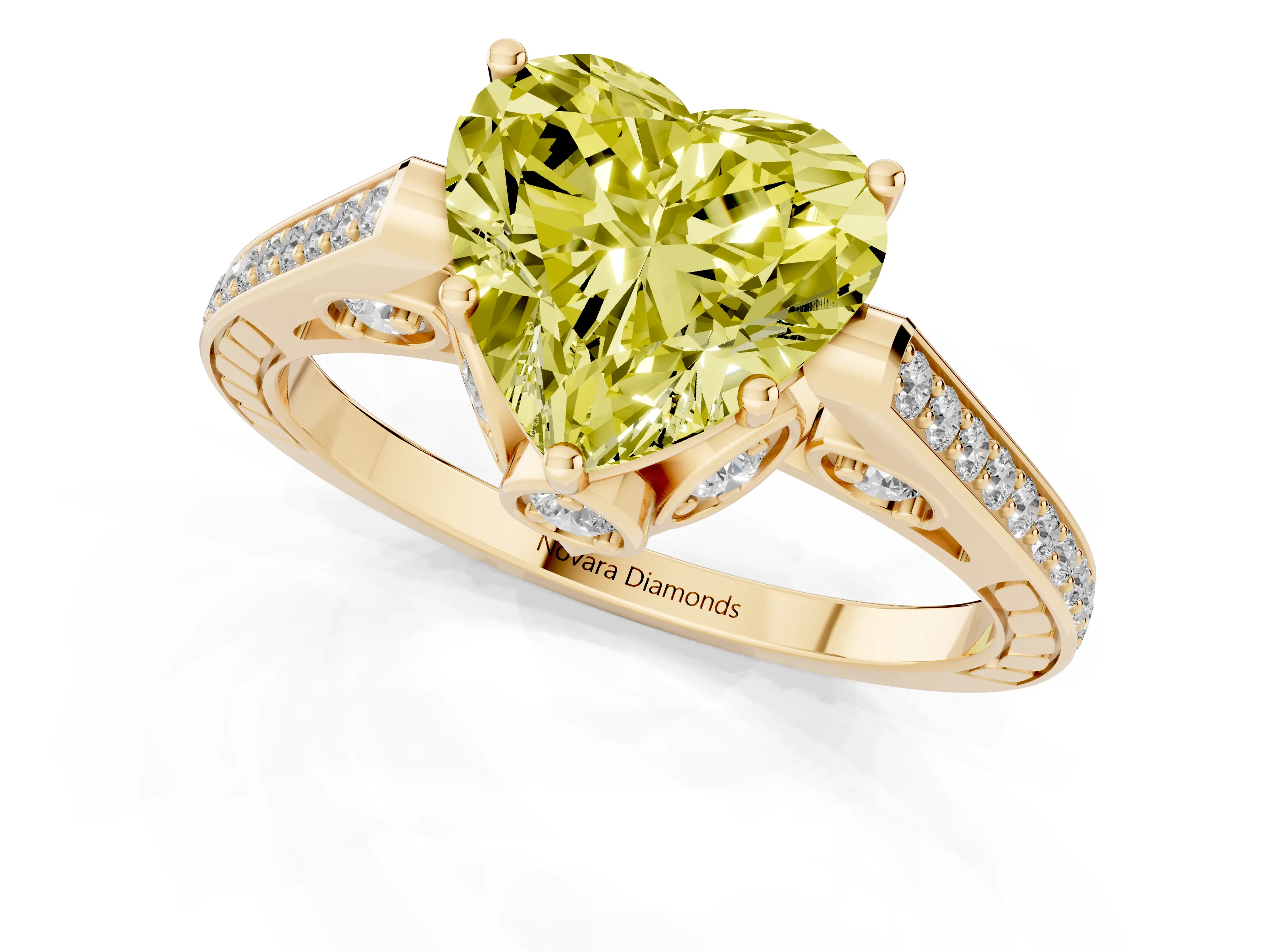Fancy Yellow Heart Cut Diamond Cathedral Pavé Engagement Ring Set in Yellow gold with Prong Setting