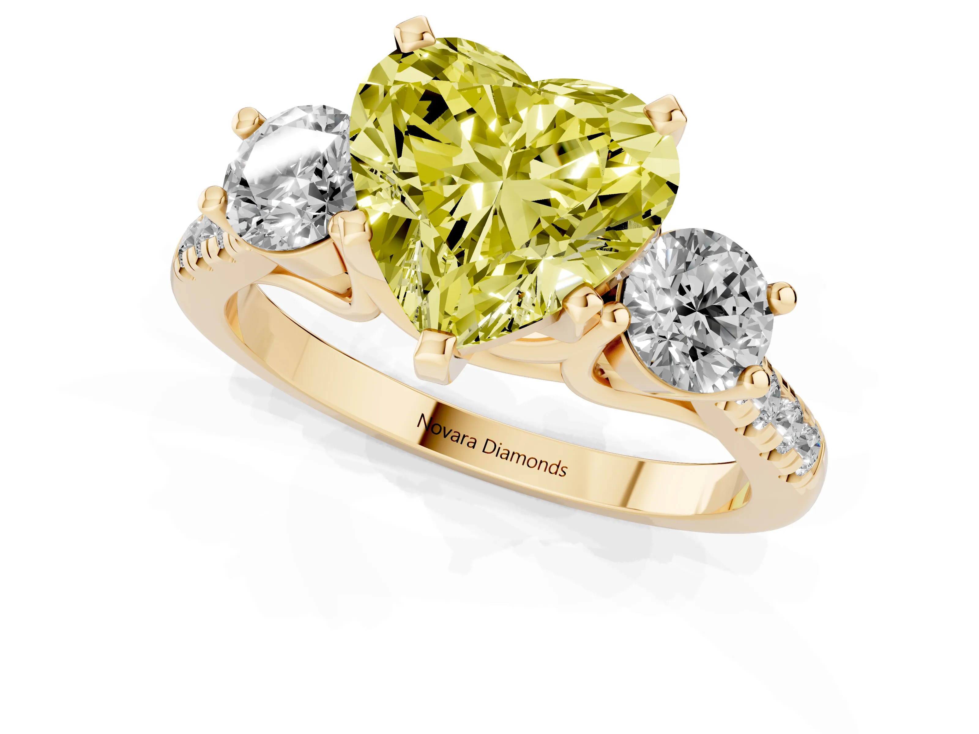 Fancy Yellow Three-Stone Heart Cut Diamond Pavé Band Ring Set in Yellow gold with Prong-Set Trio