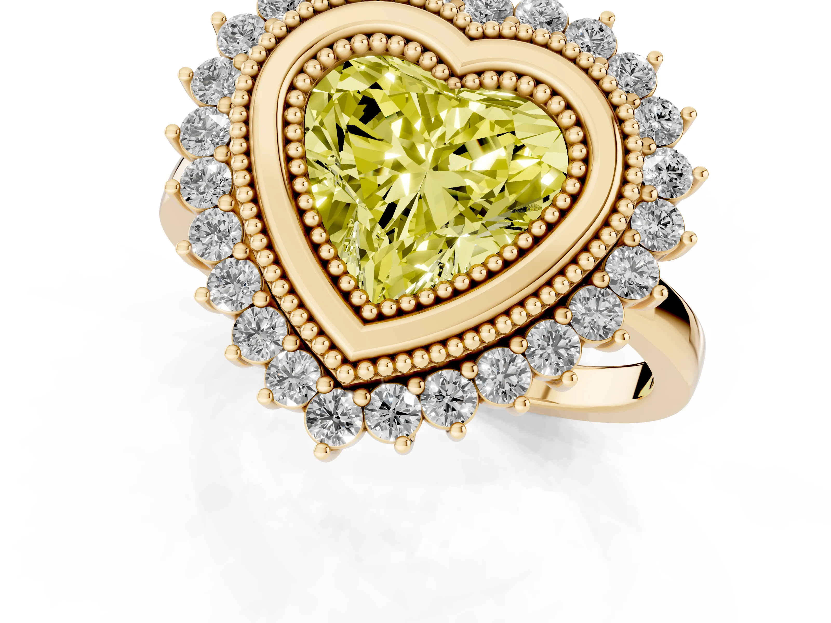 Fancy Yellow Heart Cut Diamond Halo Ring Set in Yellow gold with Milgrain Edge and Round Prong Setting