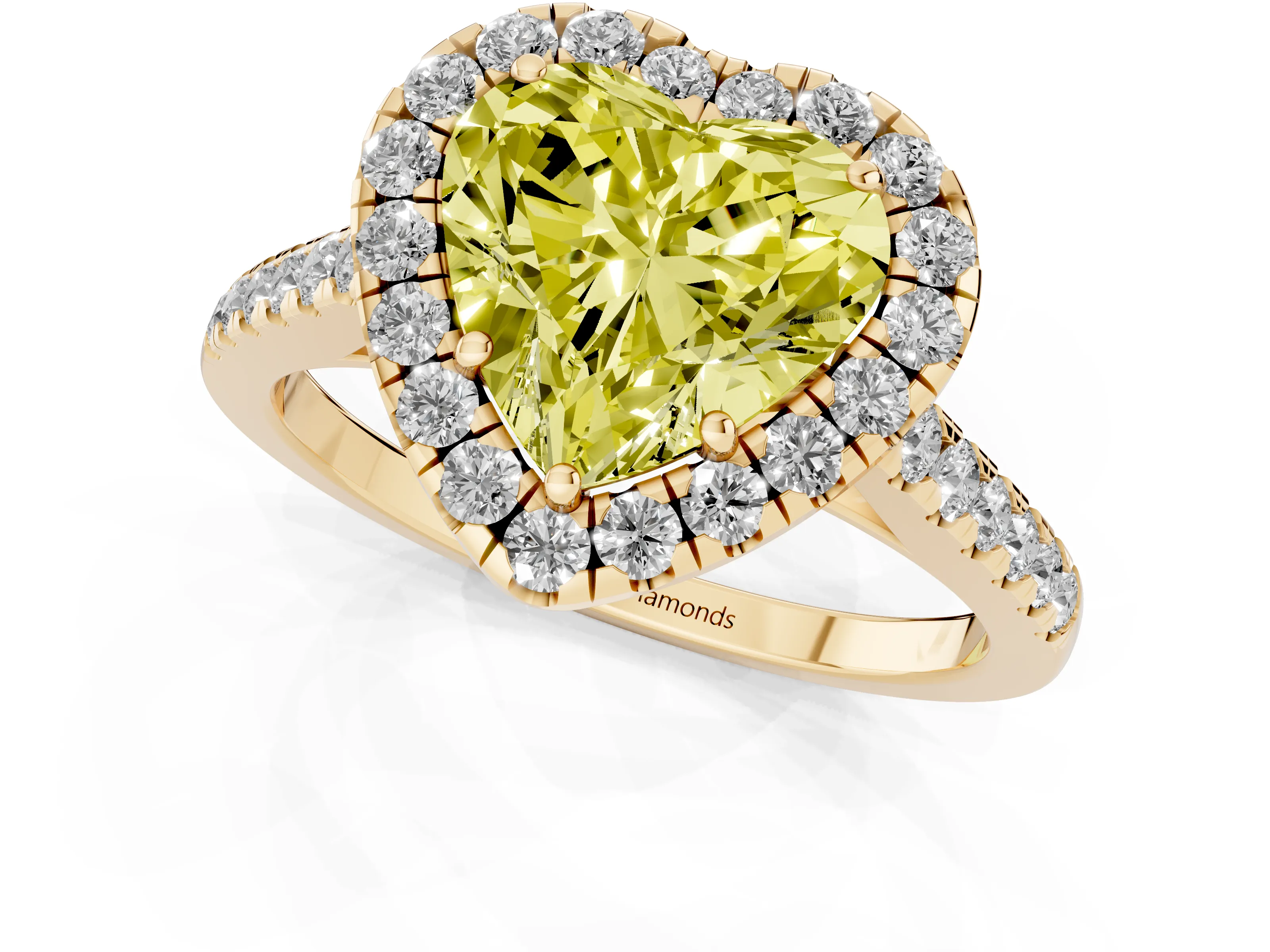 Fancy Yellow Heart Cut Diamond Halo Pavé Engagement Ring Set in Yellow gold with Prong Setting