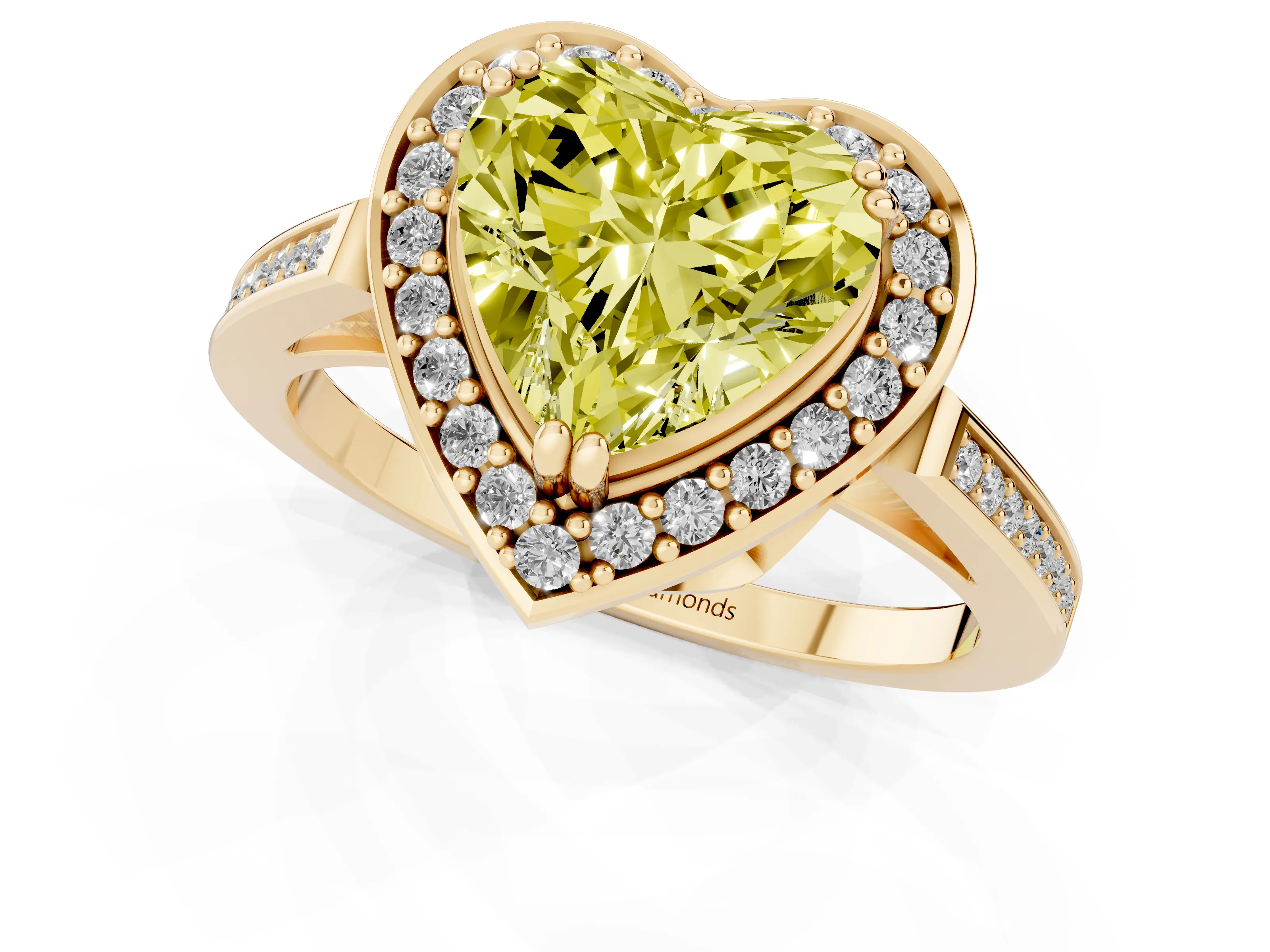 Fancy Yellow Heart Cut Diamond Halo Ring Set in Yellow gold with Accent-Lined Split Shank and Prong Setting
