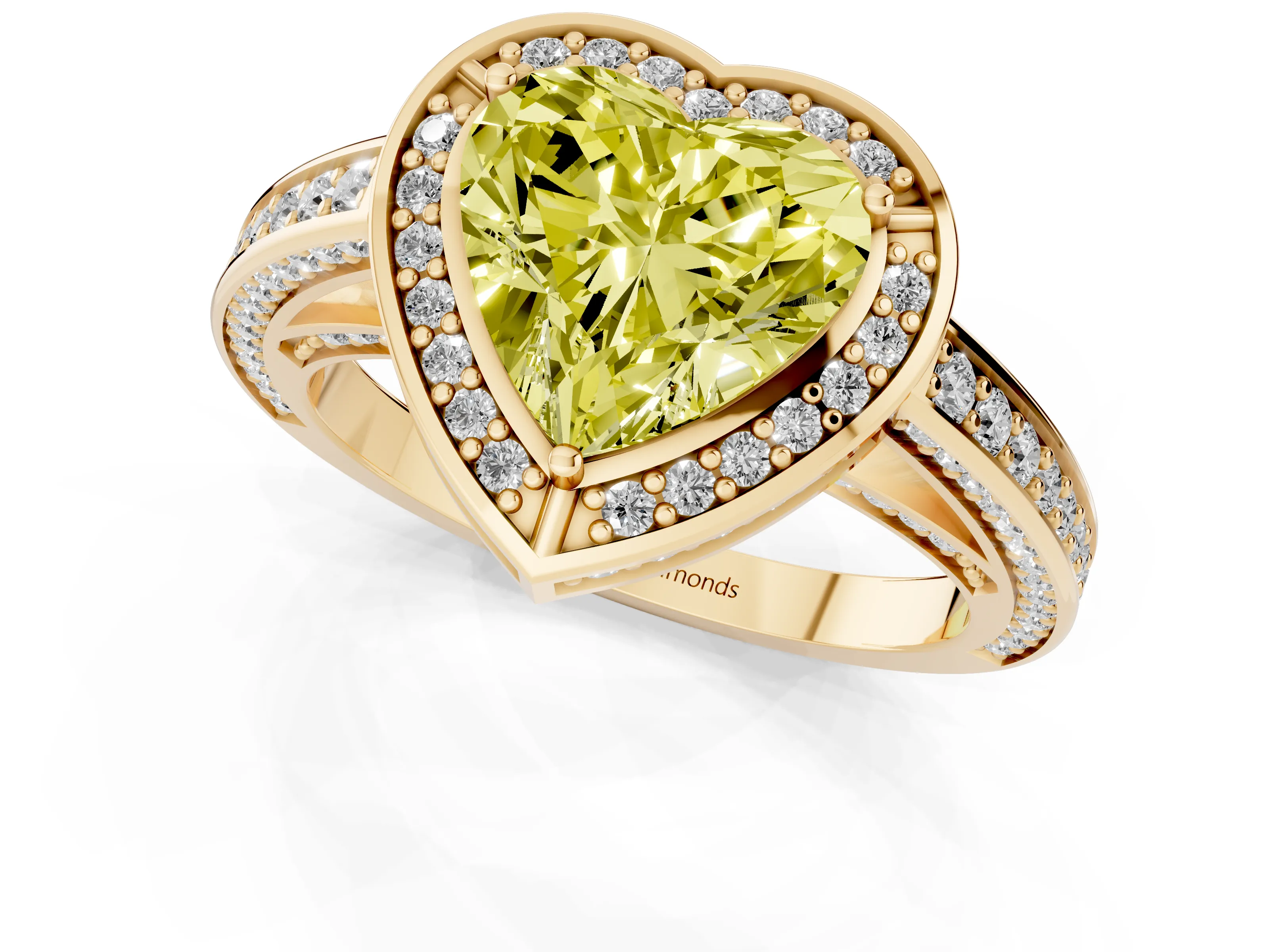 Fancy Yellow Heart Cut Diamond Halo Pavé Split Shank Ring Set in Yellow gold with Prong Setting