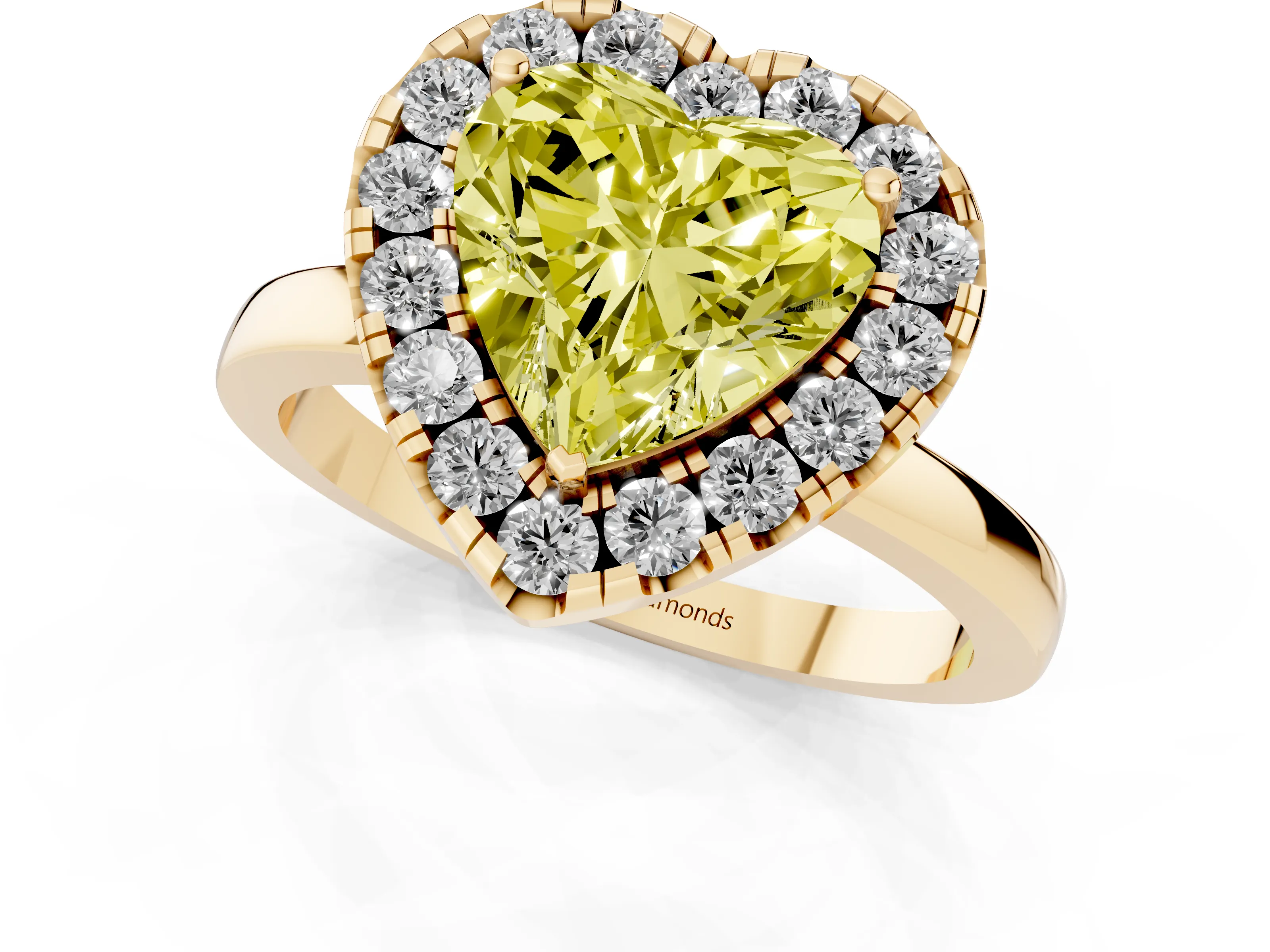 Fancy Yellow Heart Cut Diamond Halo Solitaire Ring Set in Yellow gold with Pavé Band and Prong Setting