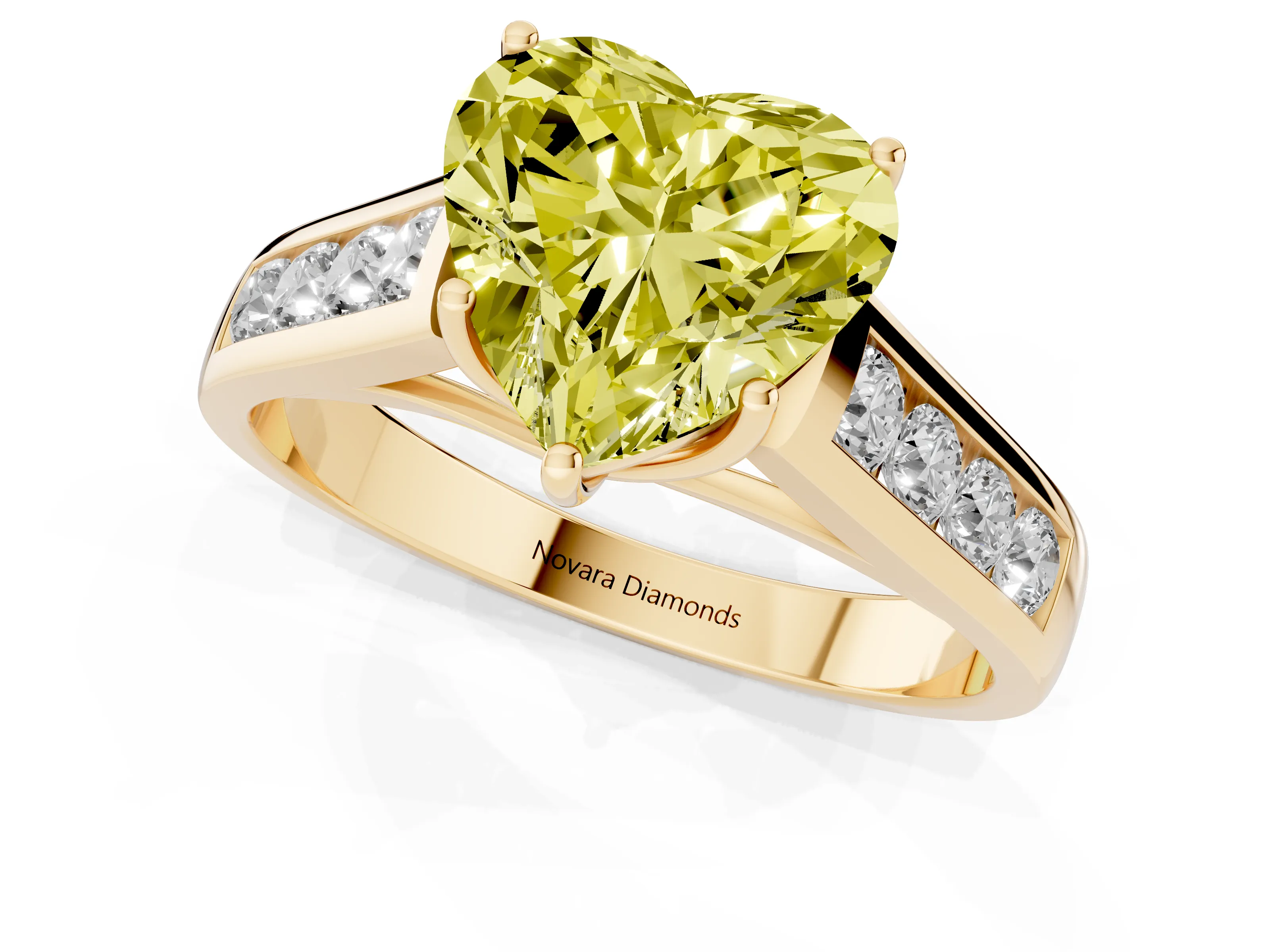 Fancy Yellow Heart Cut Diamond Solitaire Channel-Set Engagement Ring Set in Yellow gold with Prong Setting