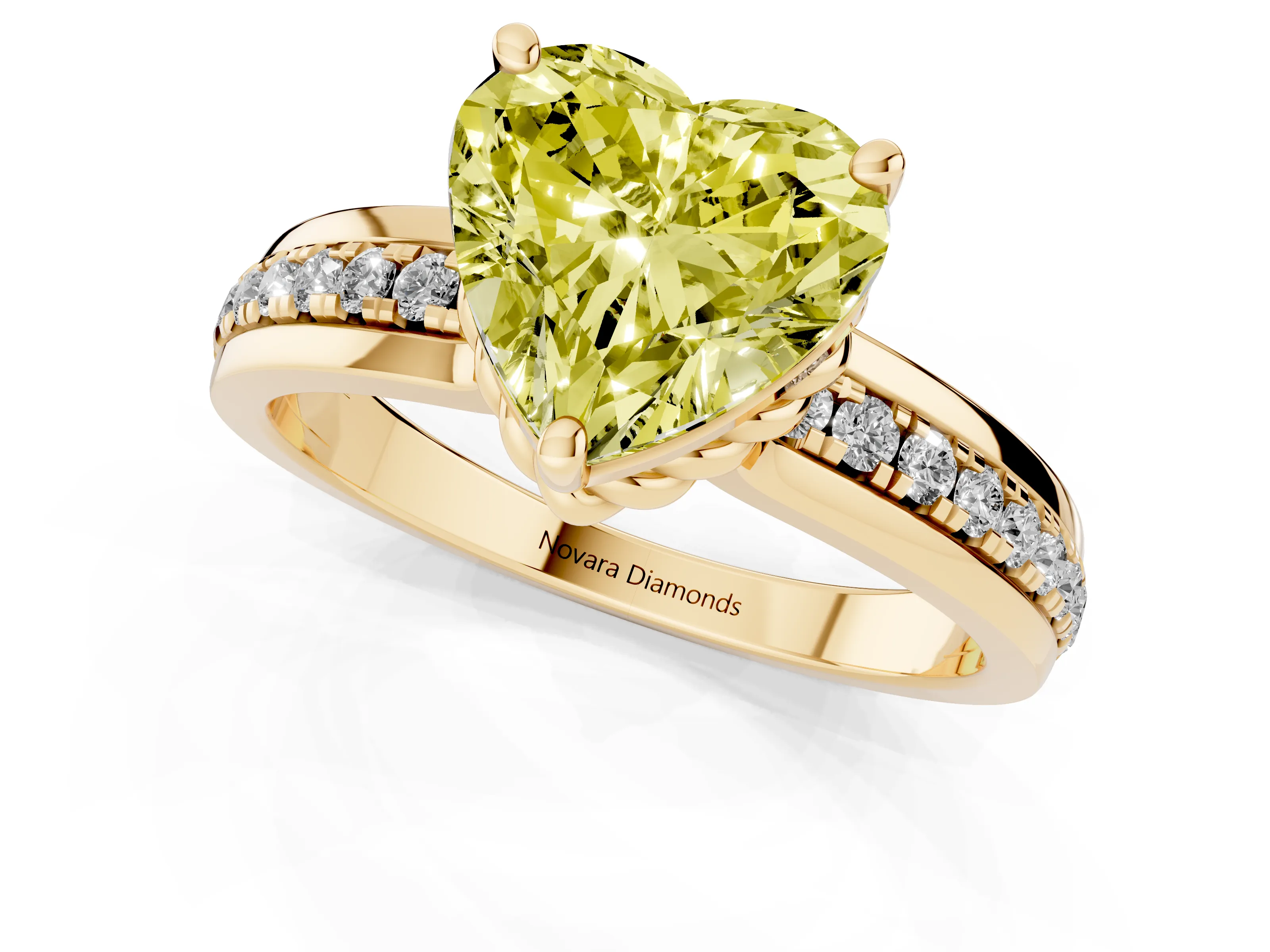 Fancy Yellow Heart Cut Diamond Solitaire Ring Set in Yellow gold with Channel Set Band and Prong Setting